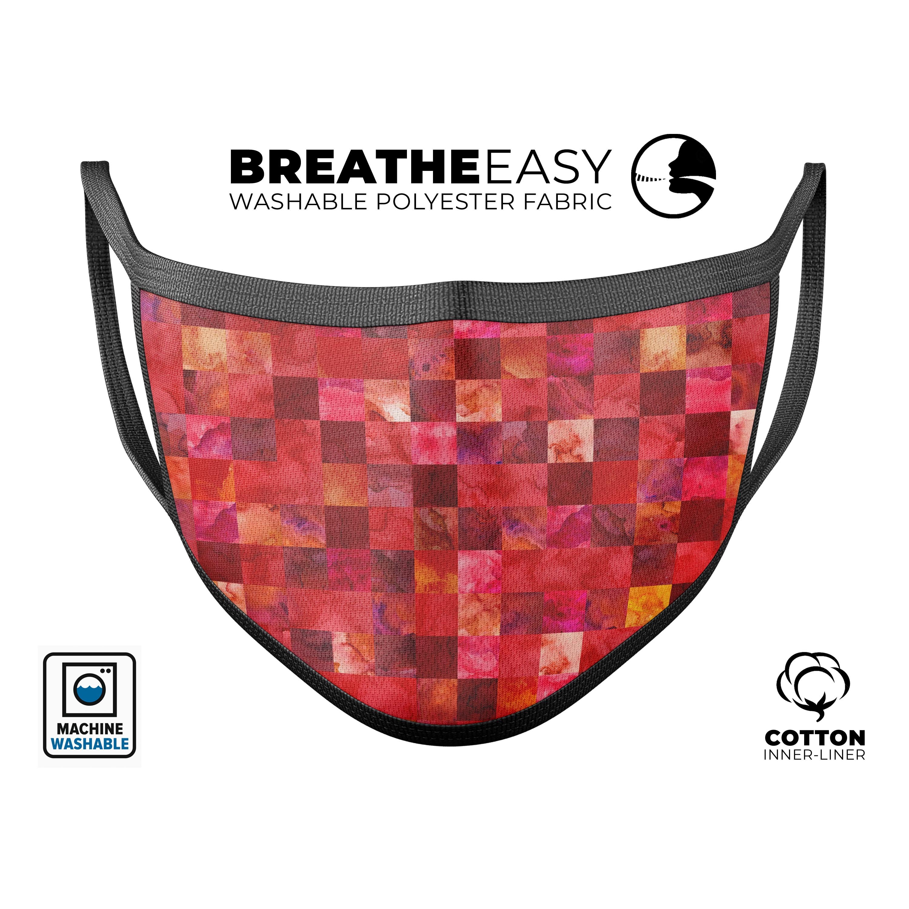 Red Watercolor Patchwork mouth cover, featuring a vibrant design, adjustable ear-loops, and a soft cotton interior for comfort.