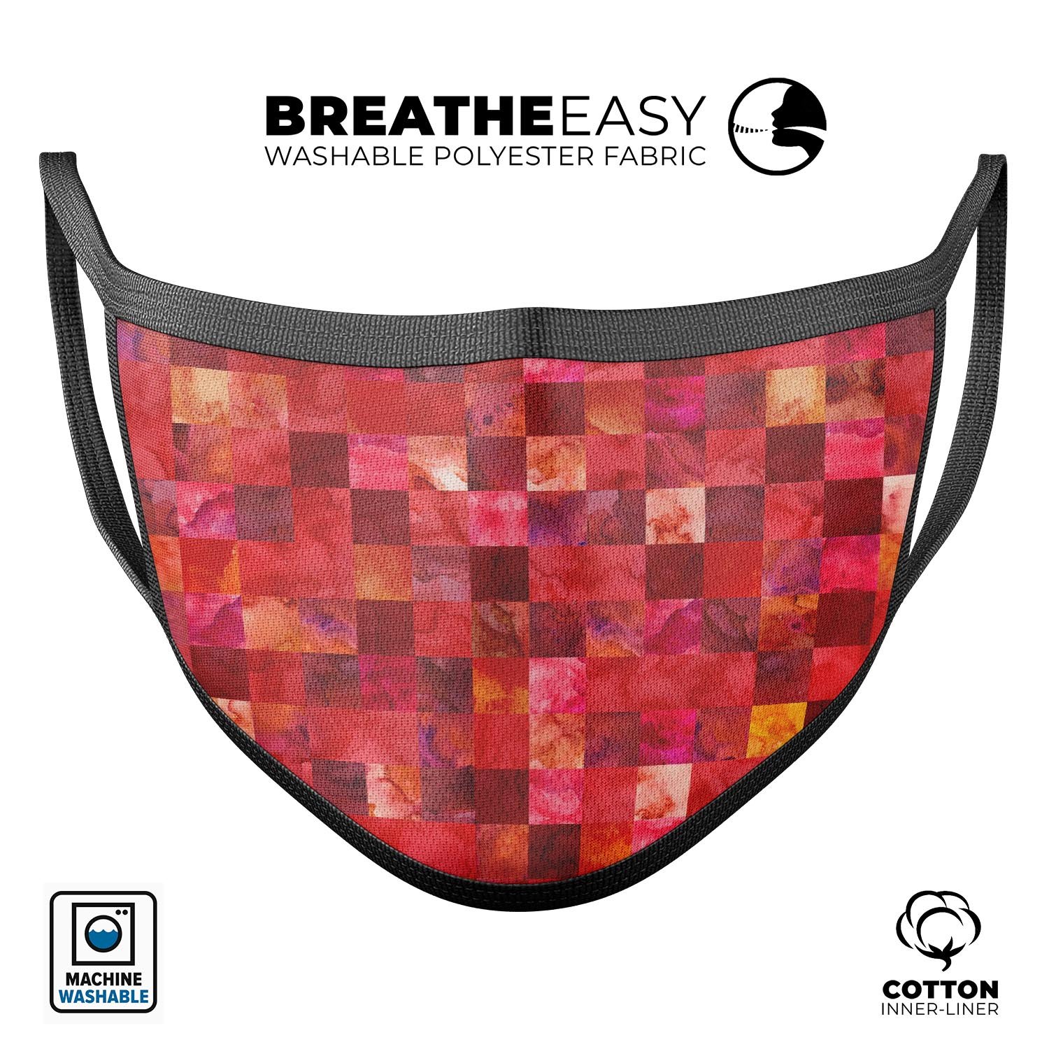 Red Watercolor Patchwork mouth cover, featuring a vibrant design, adjustable ear loops, and made from soft cotton for comfort.