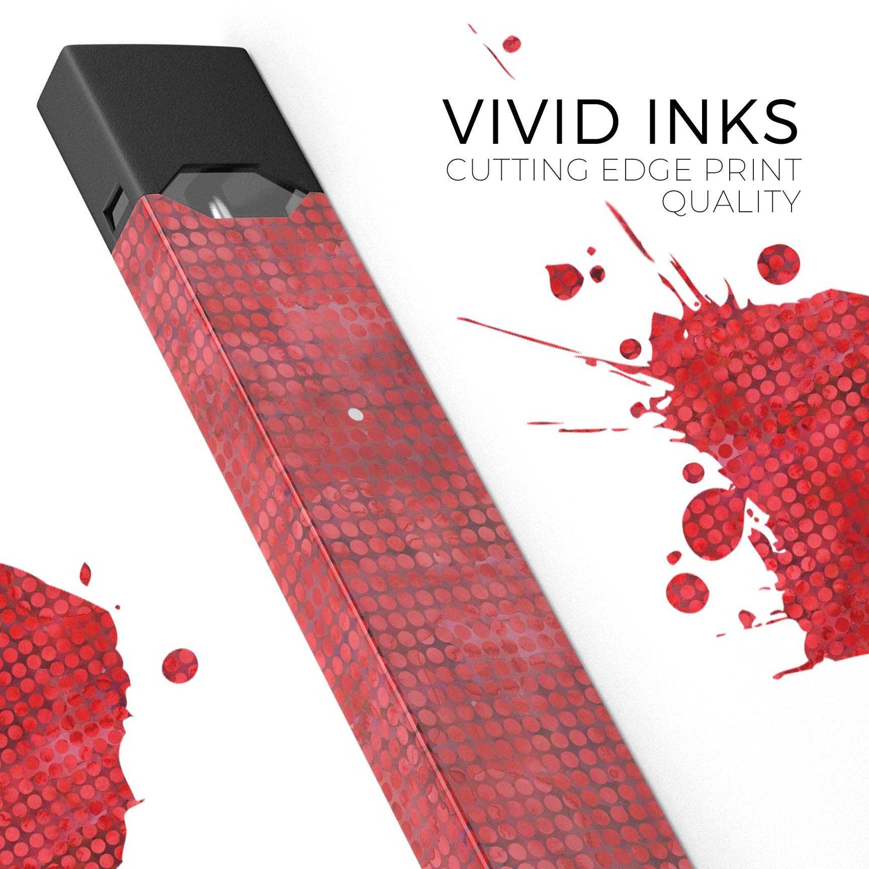 Red Watercolor Polka Dots skin-wrap sticker designed for JUUL vaping device, showcasing vibrant colors and polka dot pattern.