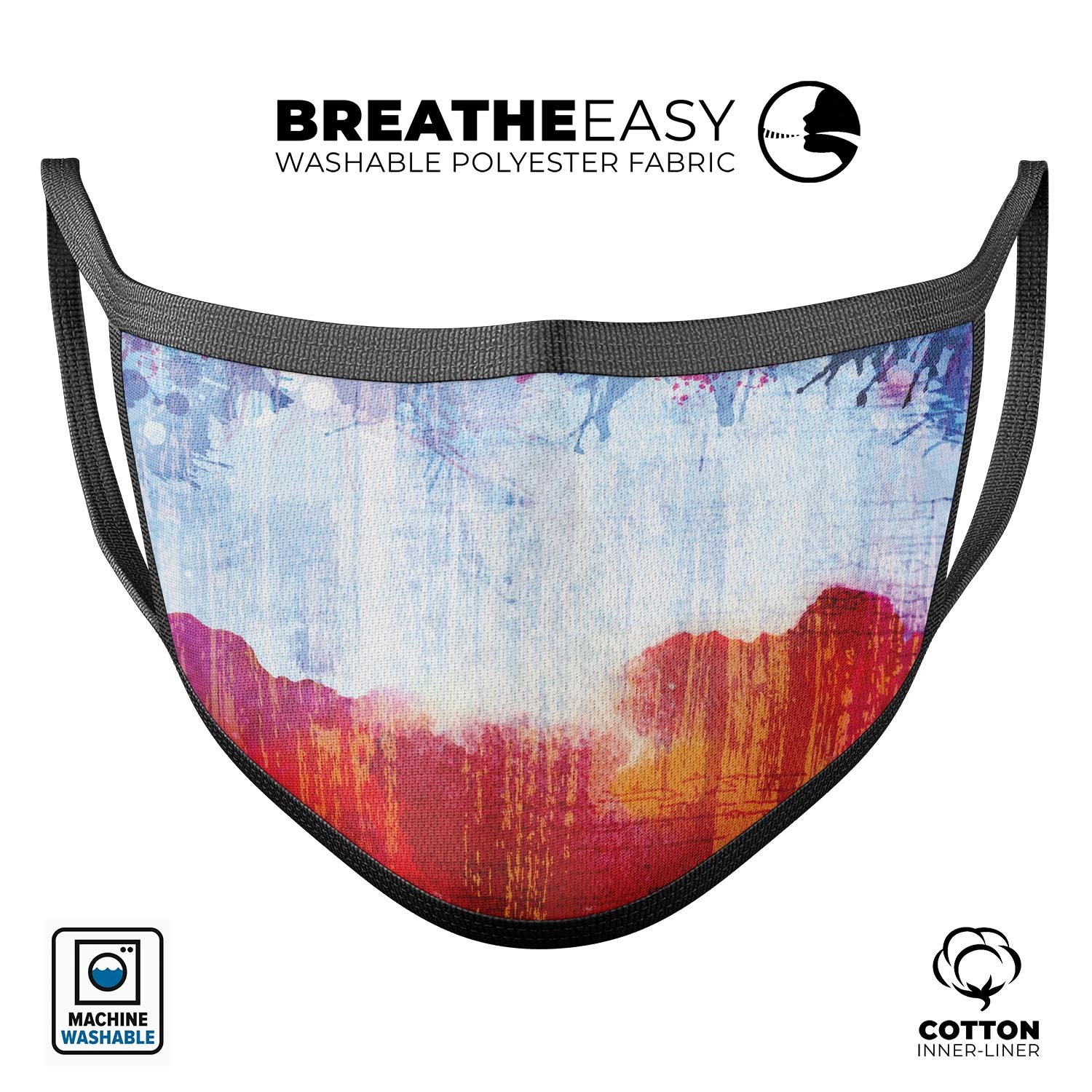 Red White & Blue Paint Splotches mouth cover, showcasing vibrant colors and adjustable ear loops for a comfortable fit.