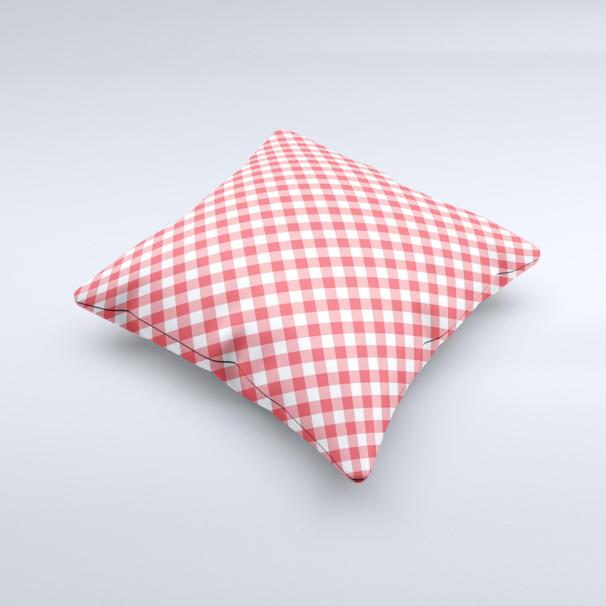 Red and white plaid decorative throw pillow with ink-fuzed design, showcasing a unique handcrafted appearance.