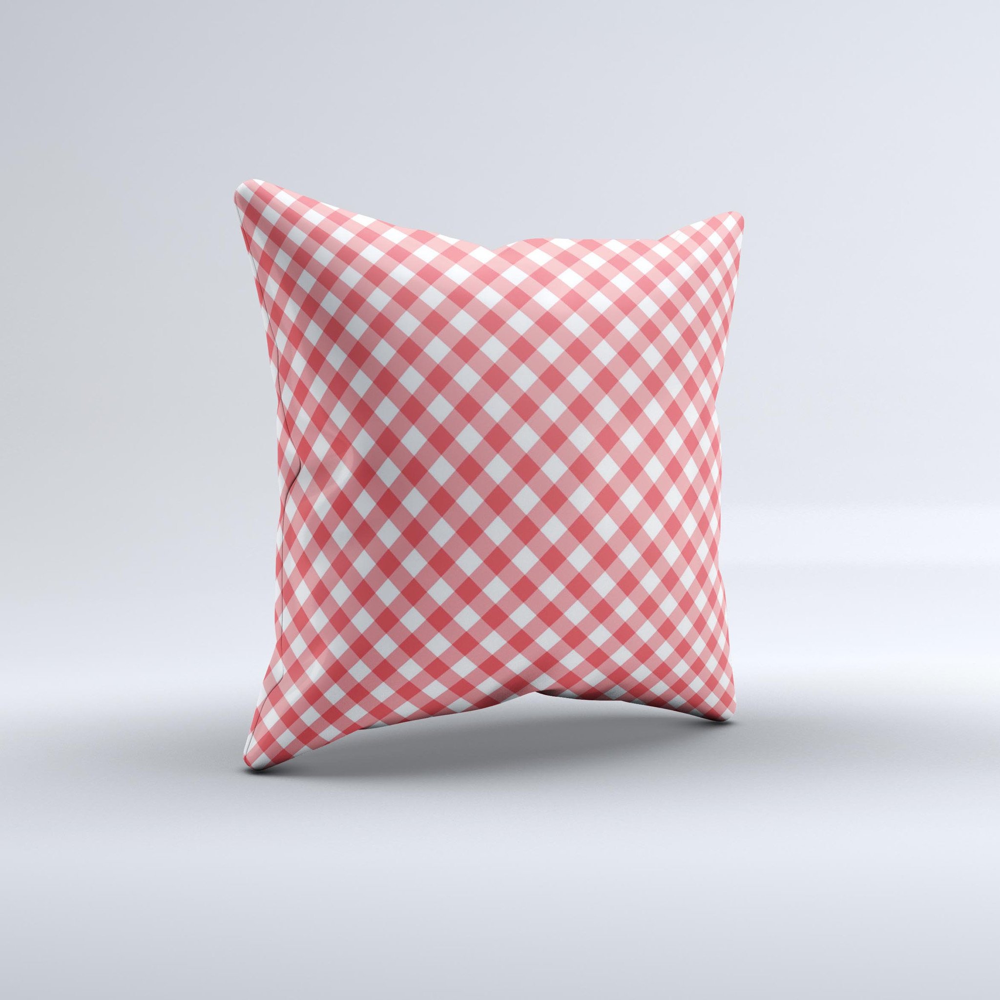 Red and white plaid decorative throw pillow with ink-fuzed design, showcasing a unique handcrafted appearance.