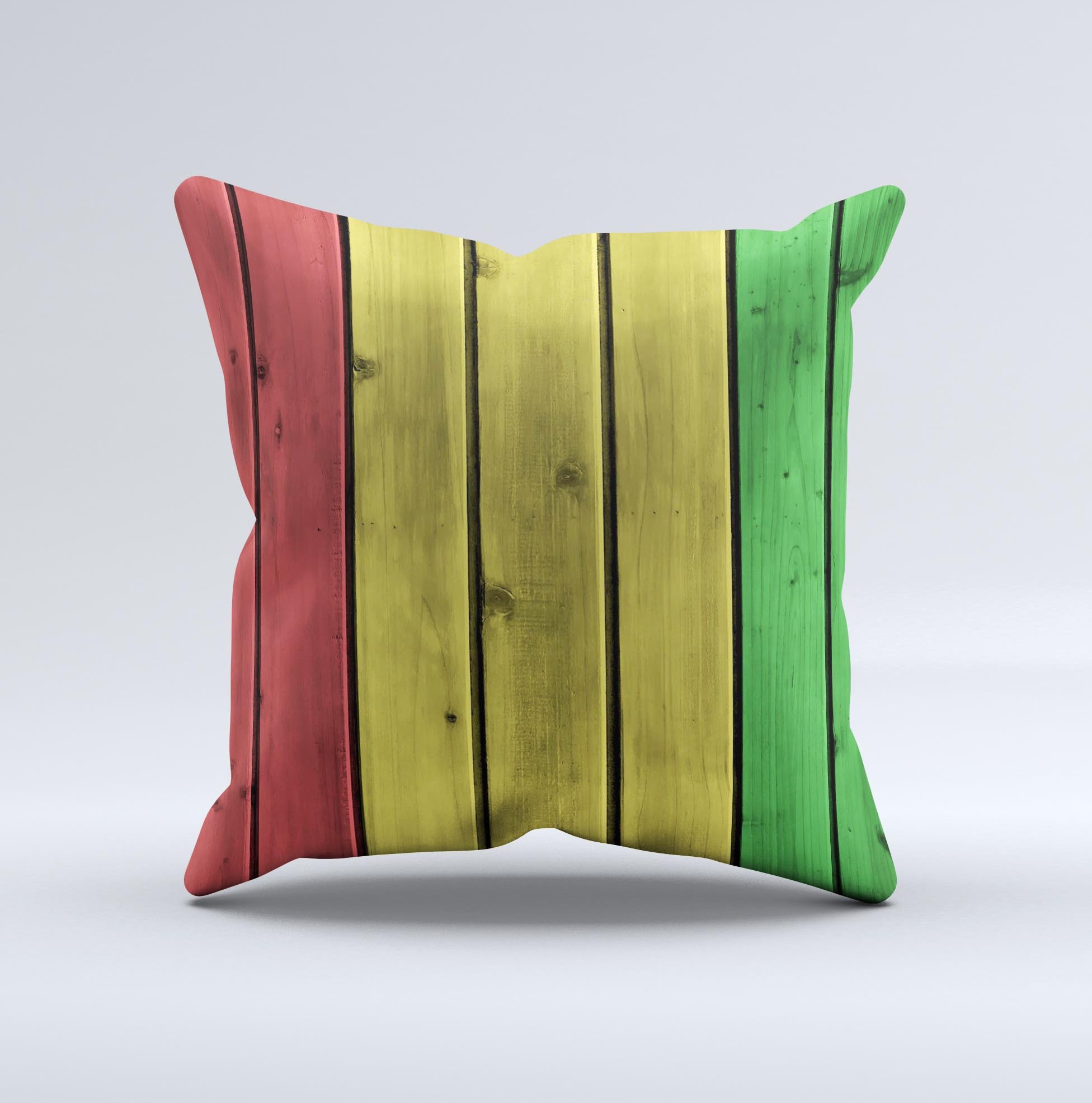 A vibrant decorative throw pillow featuring red, yellow, and green wood planks design, handcrafted in Virginia.