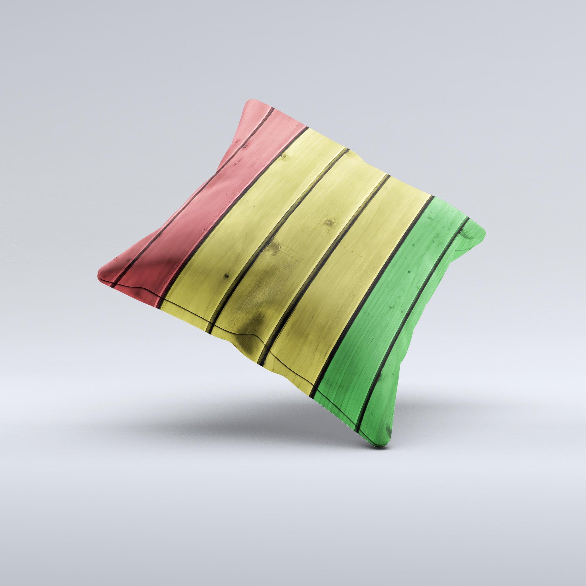 A vibrant decorative throw pillow featuring red, yellow, and green wood planks design, handcrafted in Virginia.