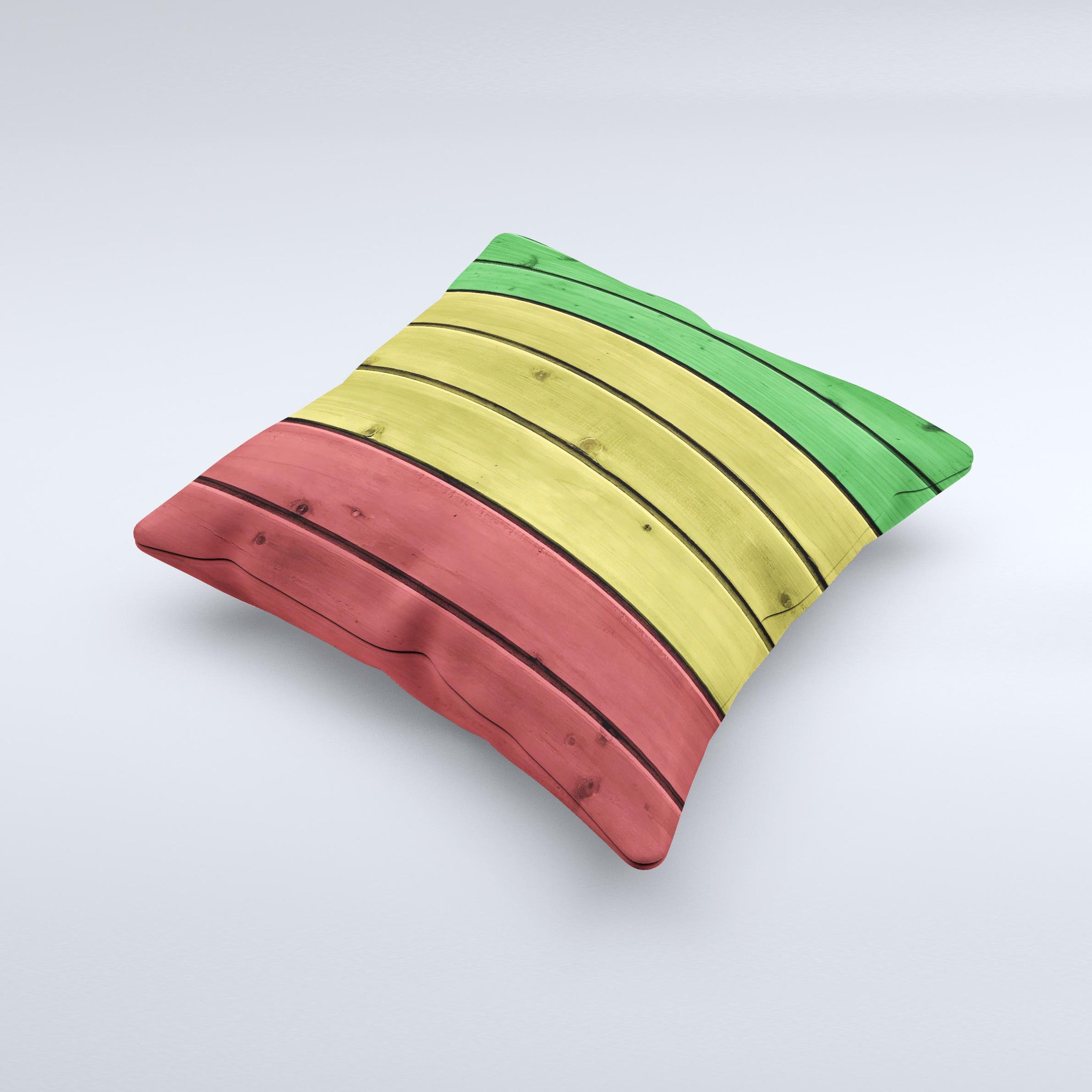 A vibrant decorative throw pillow featuring red, yellow, and green wood planks design, handcrafted in Virginia.