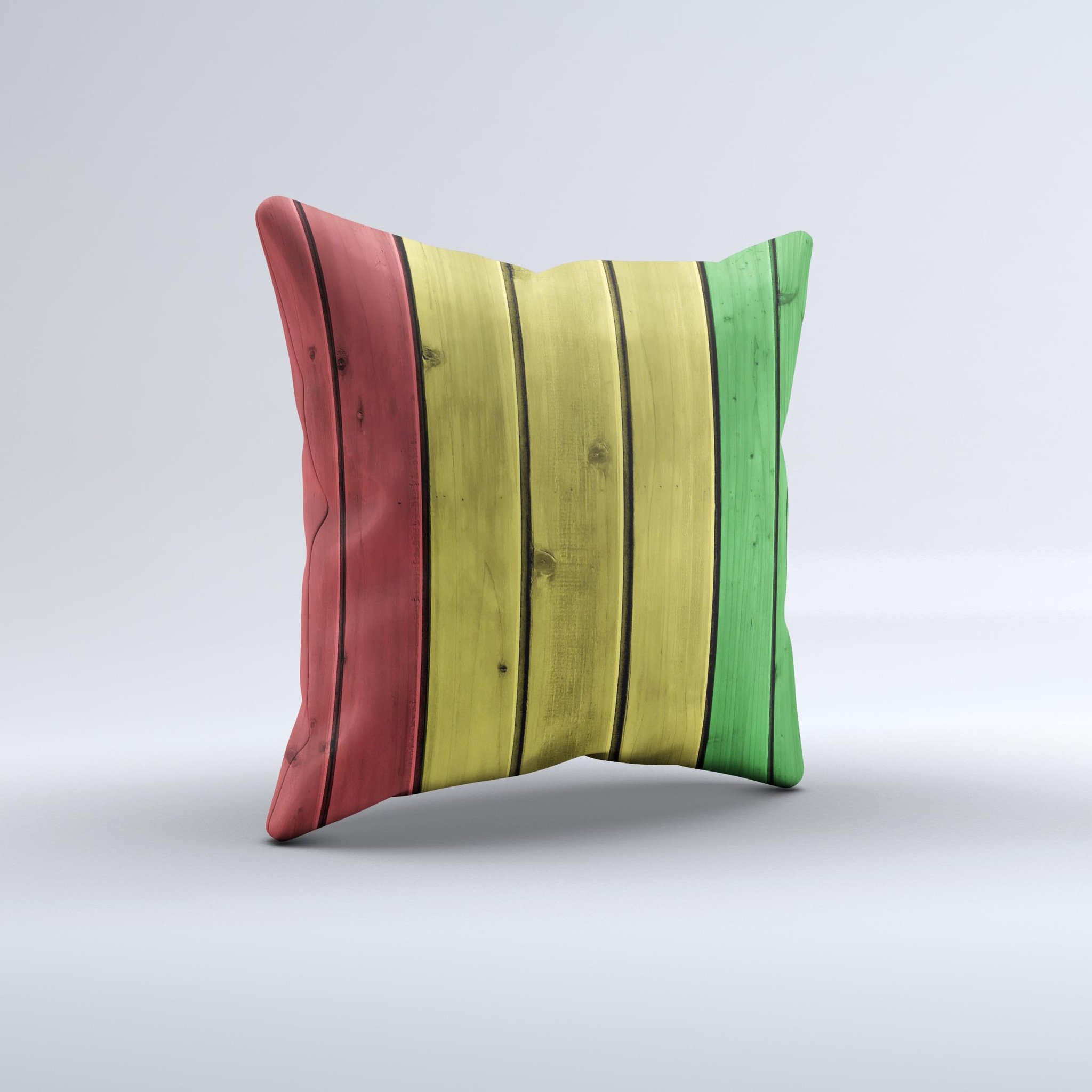 A vibrant decorative throw pillow featuring red, yellow, and green wood planks design, handcrafted in Virginia.