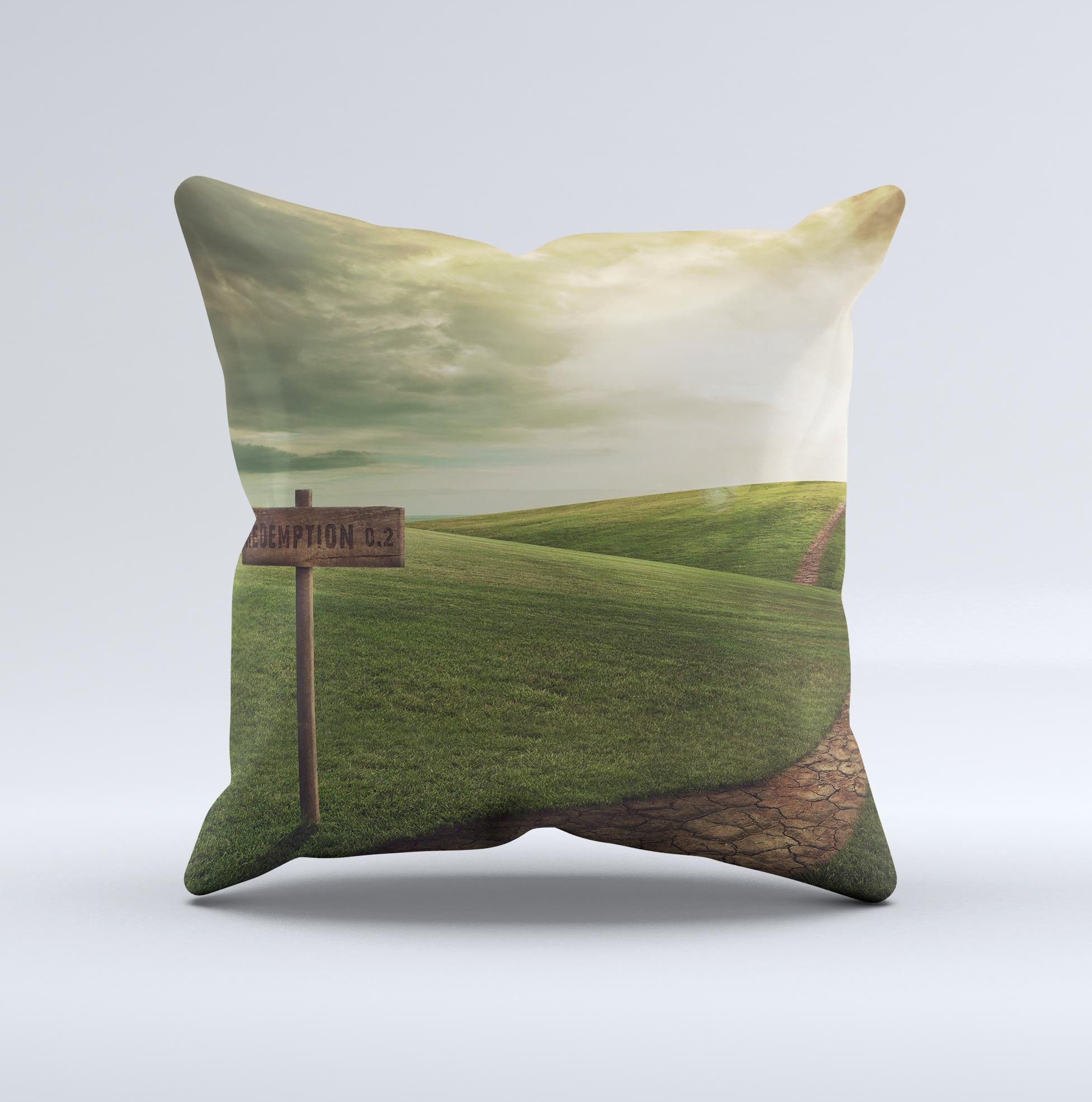 Handcrafted Redemption Hill Ink-Fuzed Decorative Throw Pillow with unique design, high thread count covering, and soft polyester filling.