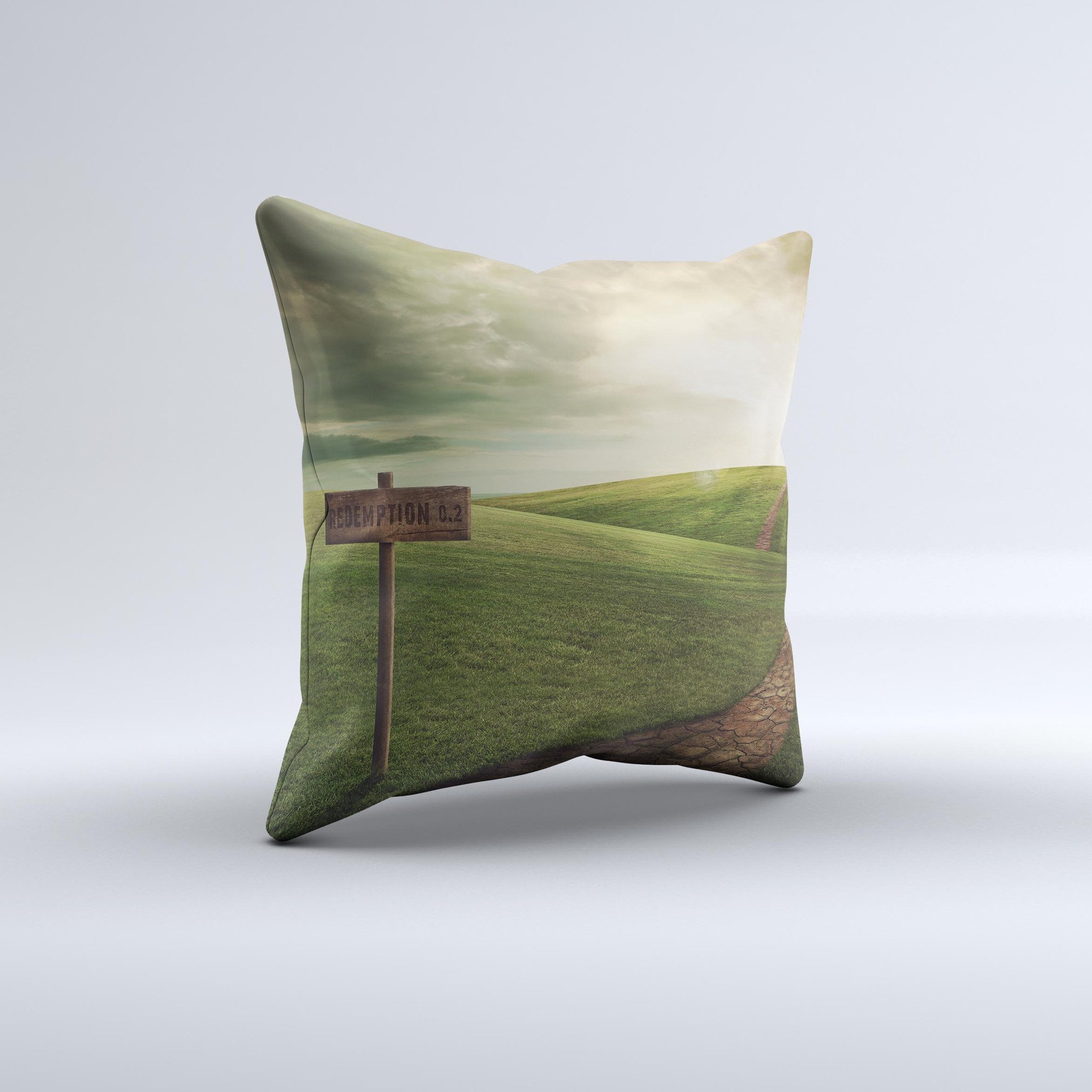 Handcrafted Redemption Hill Ink-Fuzed Decorative Throw Pillow with unique design, high thread count covering, and soft polyester filling.