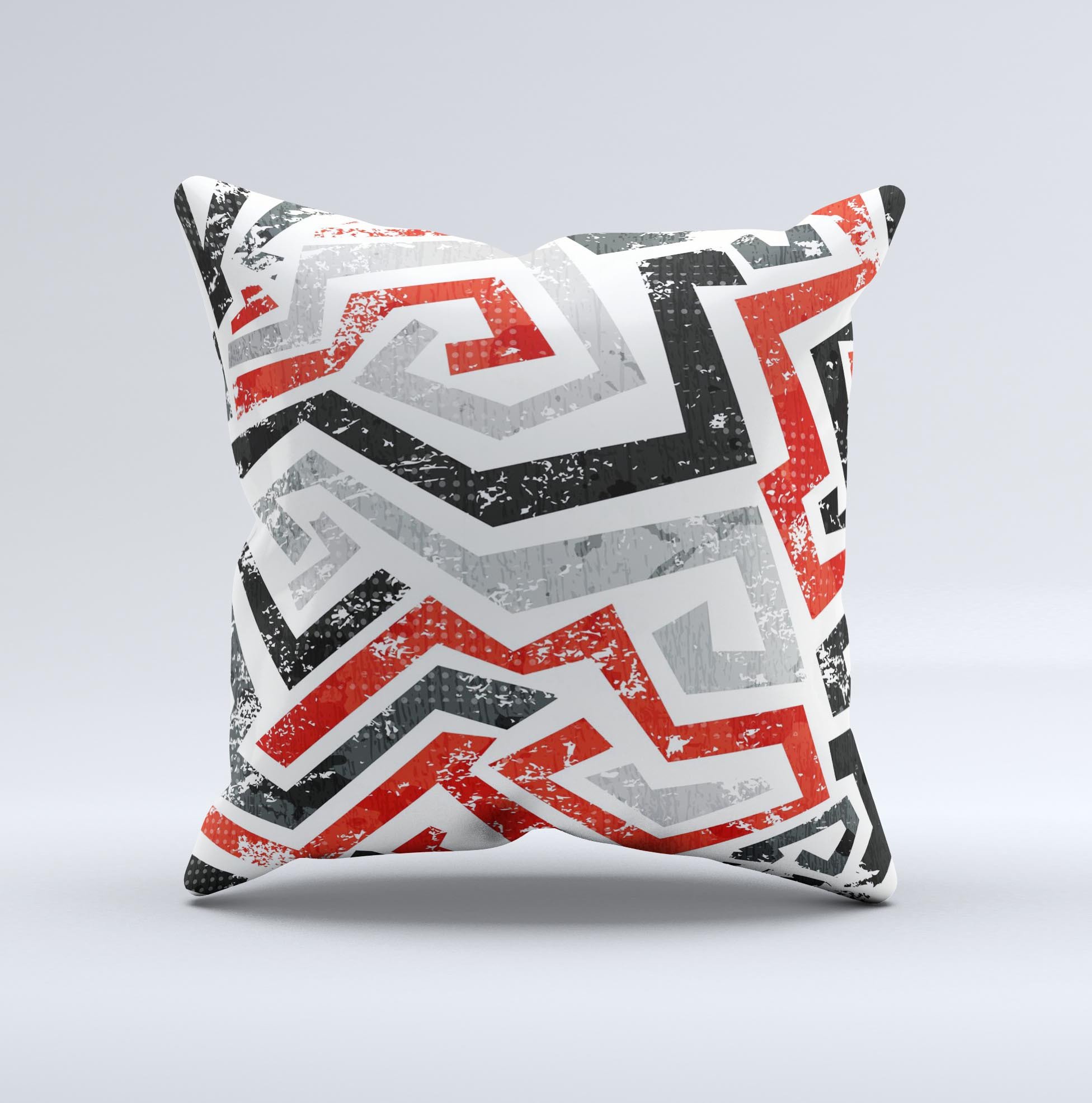 Red-Gray-Black Abstract V3 Pattern Ink-Fuzed Decorative Throw Pillow showcasing unique design and high-quality fabric.