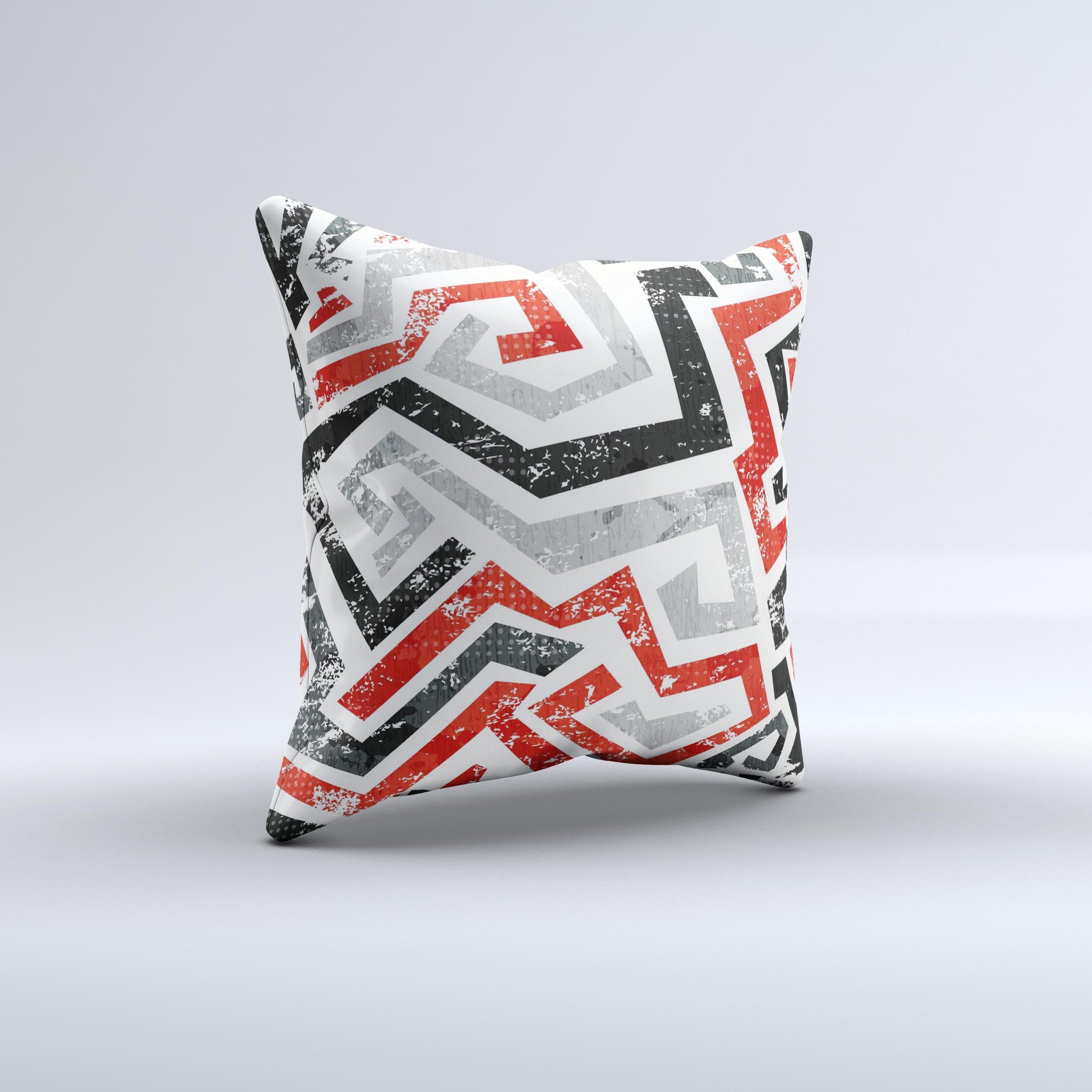 Red-Gray-Black Abstract V3 Pattern Ink-Fuzed Decorative Throw Pillow showcasing unique design and high-quality fabric.