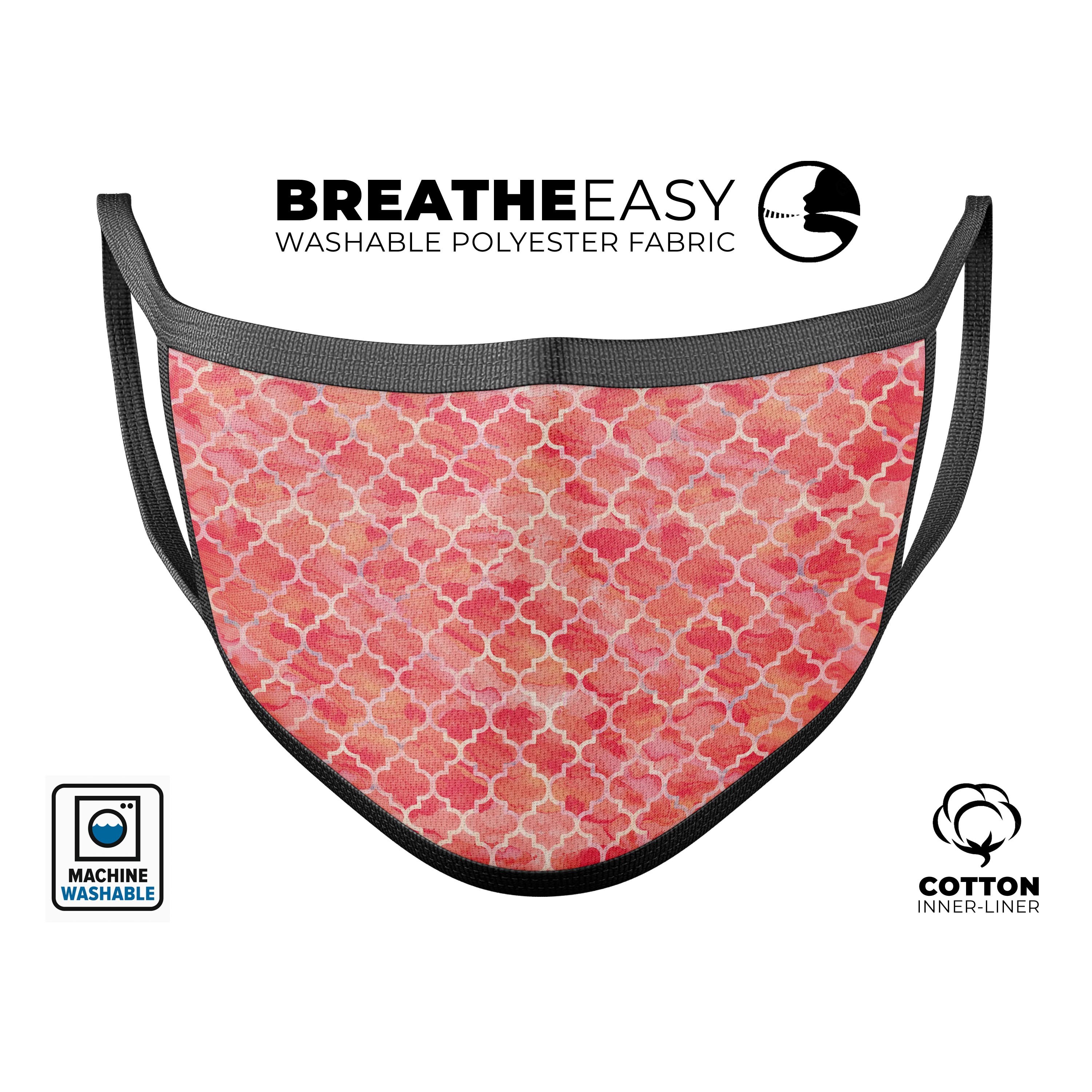 Red-Orange Watercolor Quatrefoil mouth cover, showcasing vibrant colors and adjustable ear-loops for a comfortable fit.