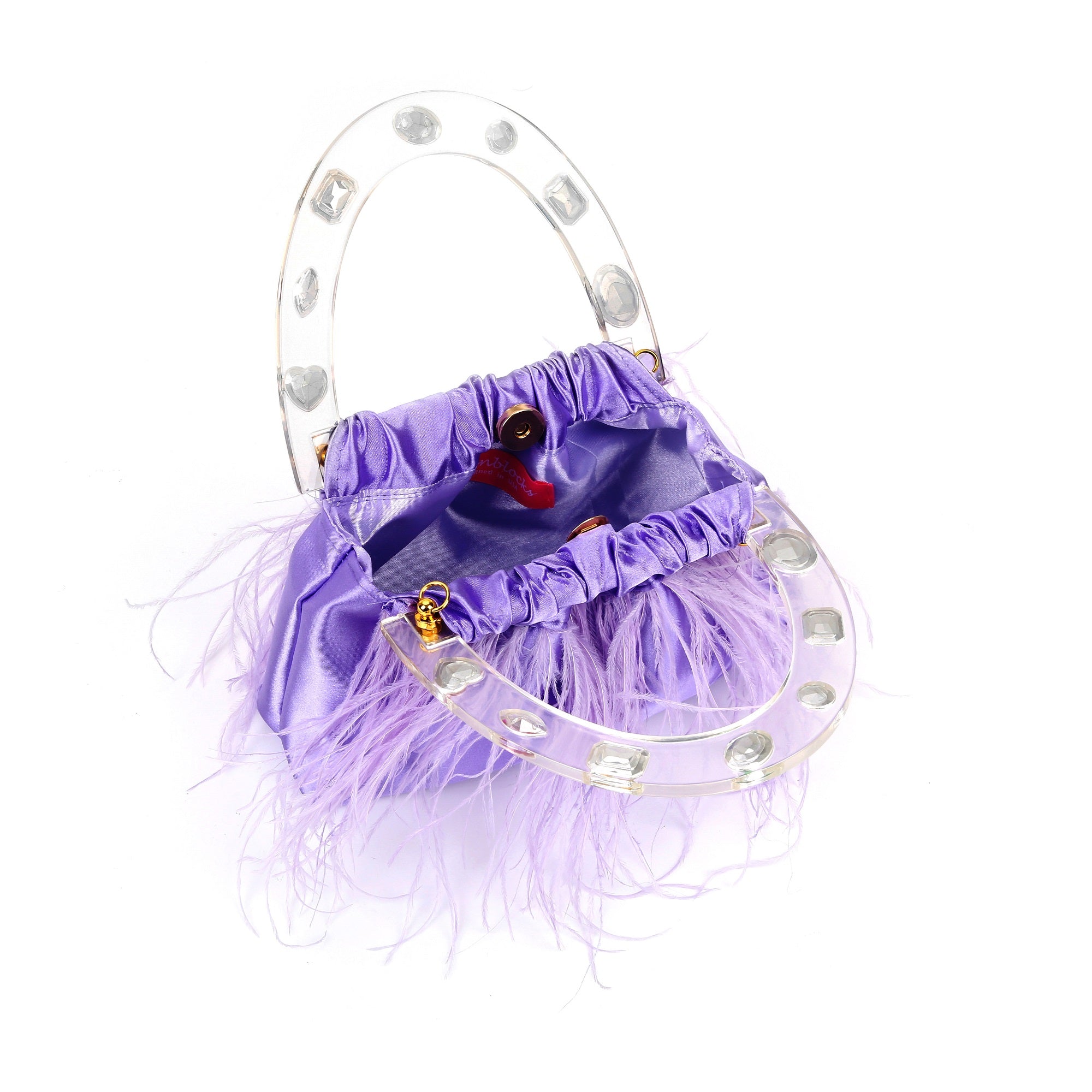 Regal Purple Diamond-Adorned Feather Acrylic Top Handle Bag featuring colorful feathers and faux diamonds.