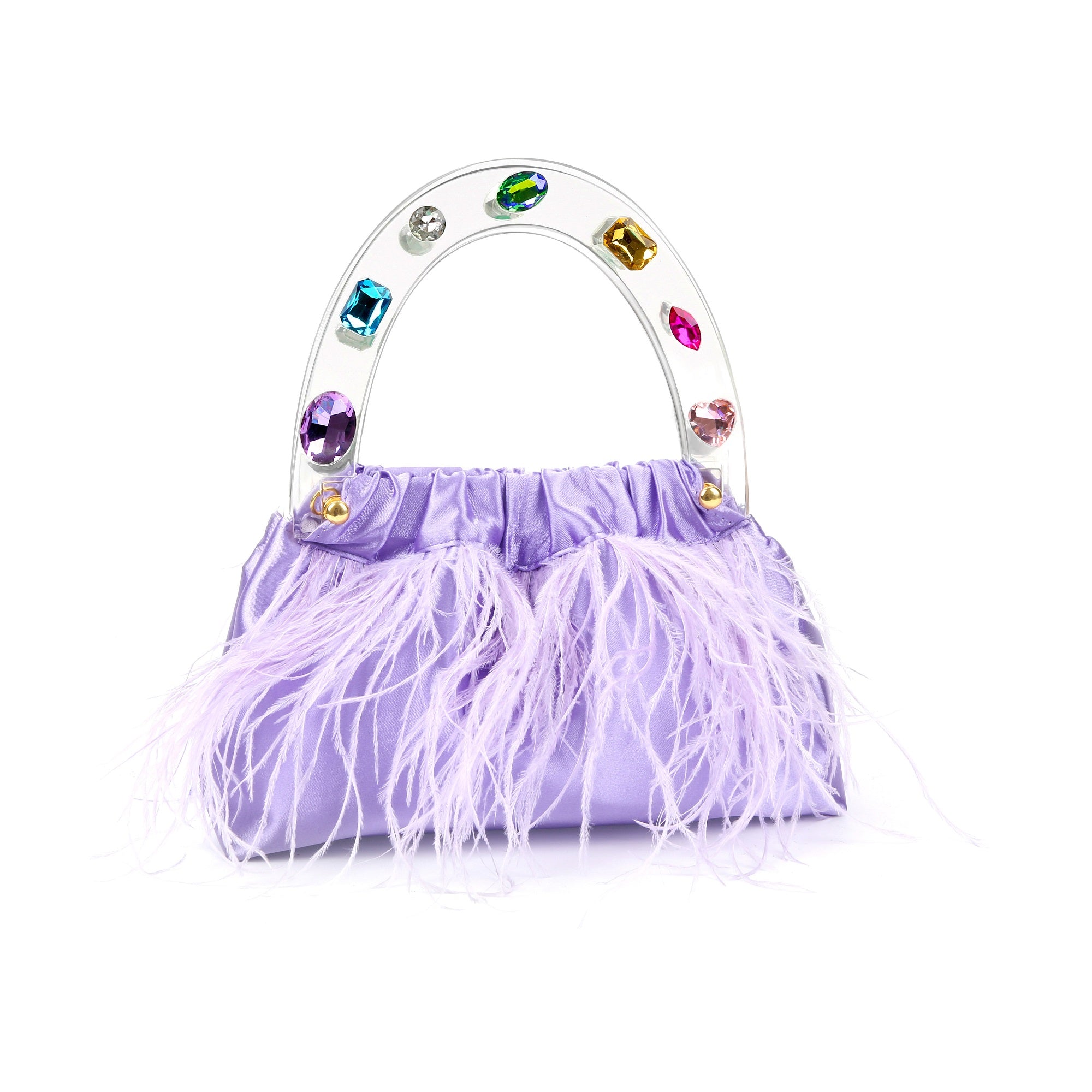 Regal Purple Diamond-Adorned Feather Acrylic Top Handle Bag featuring colorful feathers and faux diamonds.