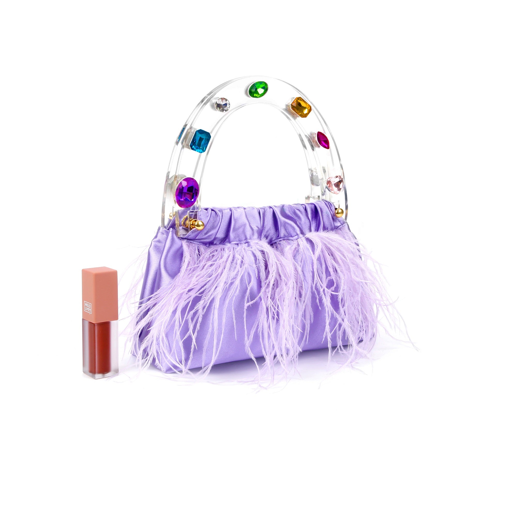 Regal Purple Diamond-Adorned Feather Acrylic Top Handle Bag featuring colorful feathers and faux diamonds.