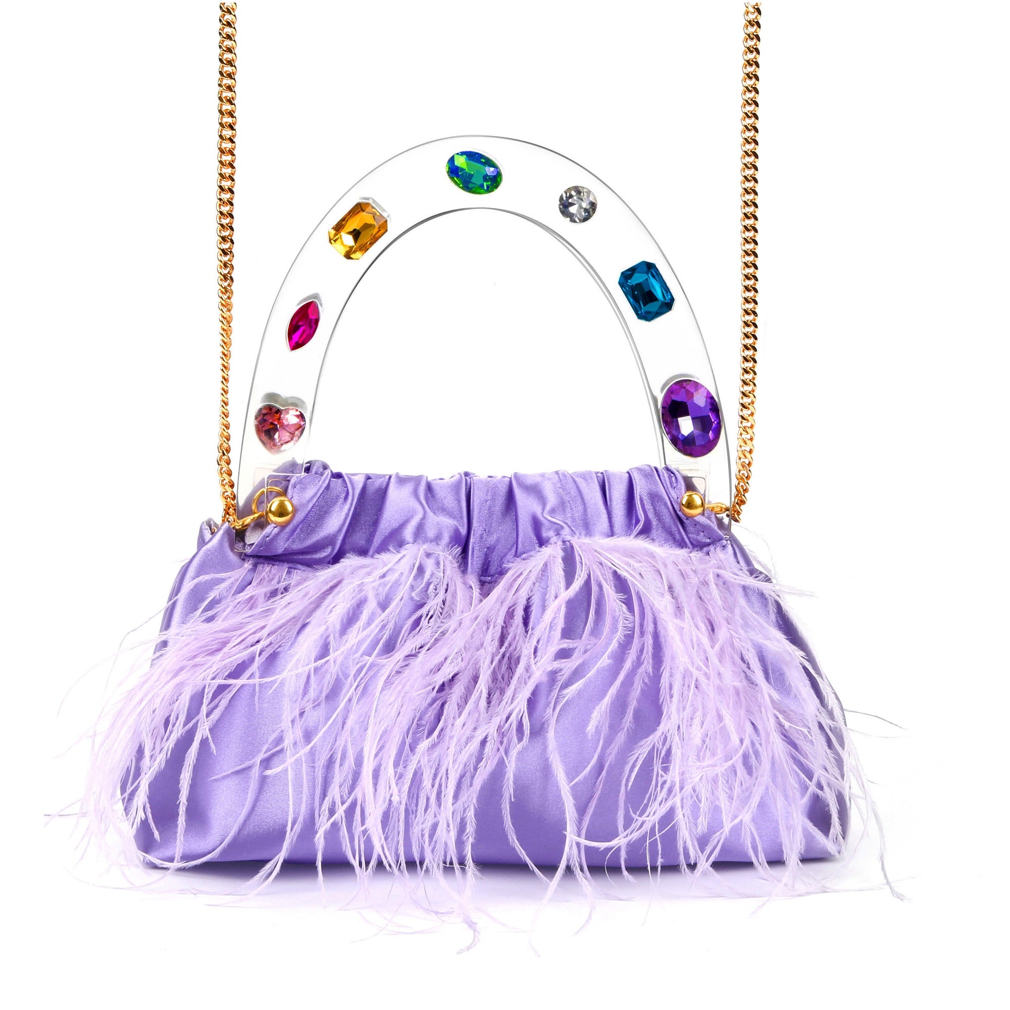 Regal Purple Diamond-Adorned Feather Acrylic Top Handle Bag featuring colorful feathers and faux diamonds.