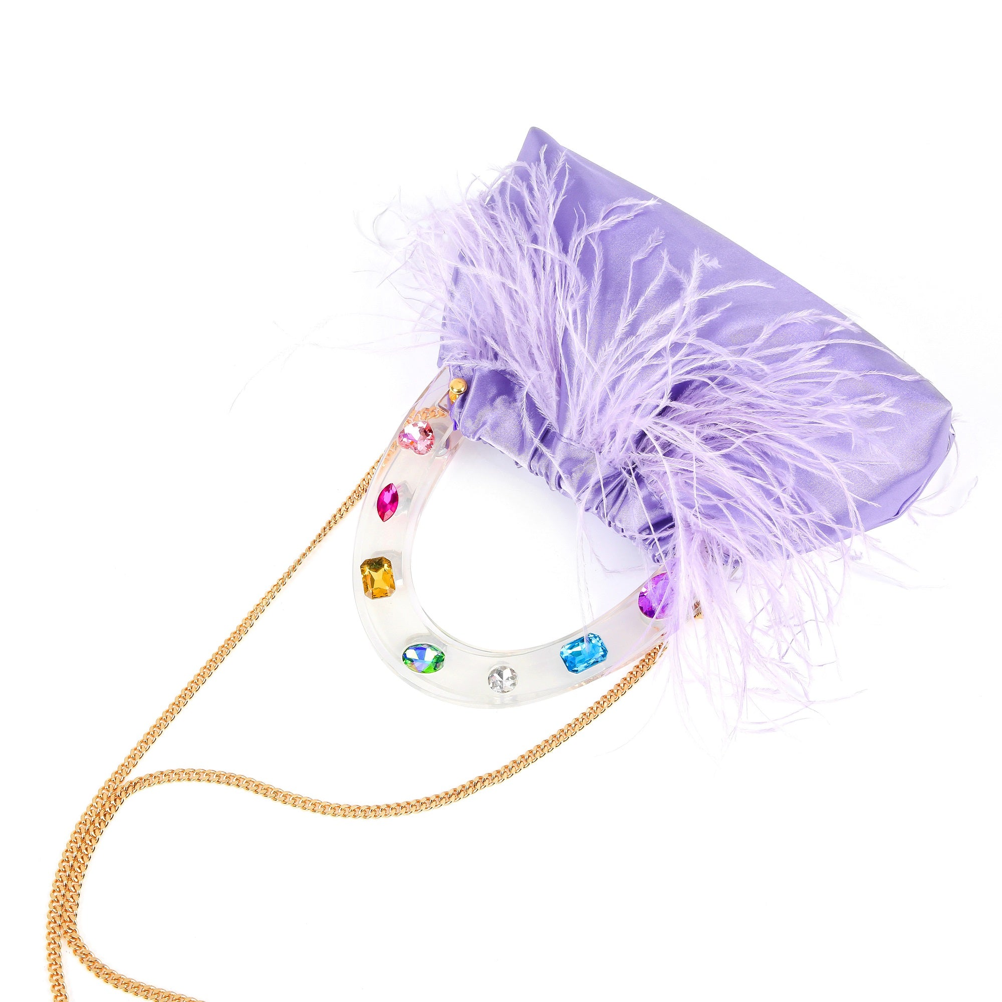 Regal Purple Diamond-Adorned Feather Acrylic Top Handle Bag featuring colorful feathers and faux diamonds.