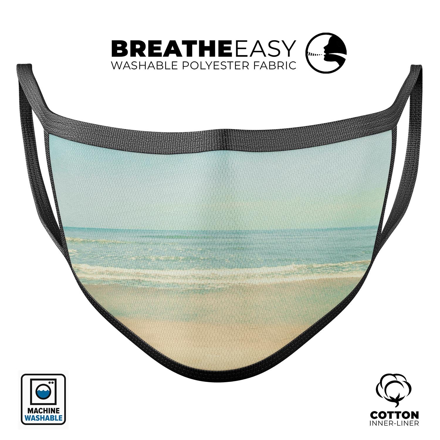 Relaxed Beach Mouth Cover, a unisex anti-dust cotton blend mask featuring adjustable ear loops and vibrant dye-sublimated design, made in the USA.