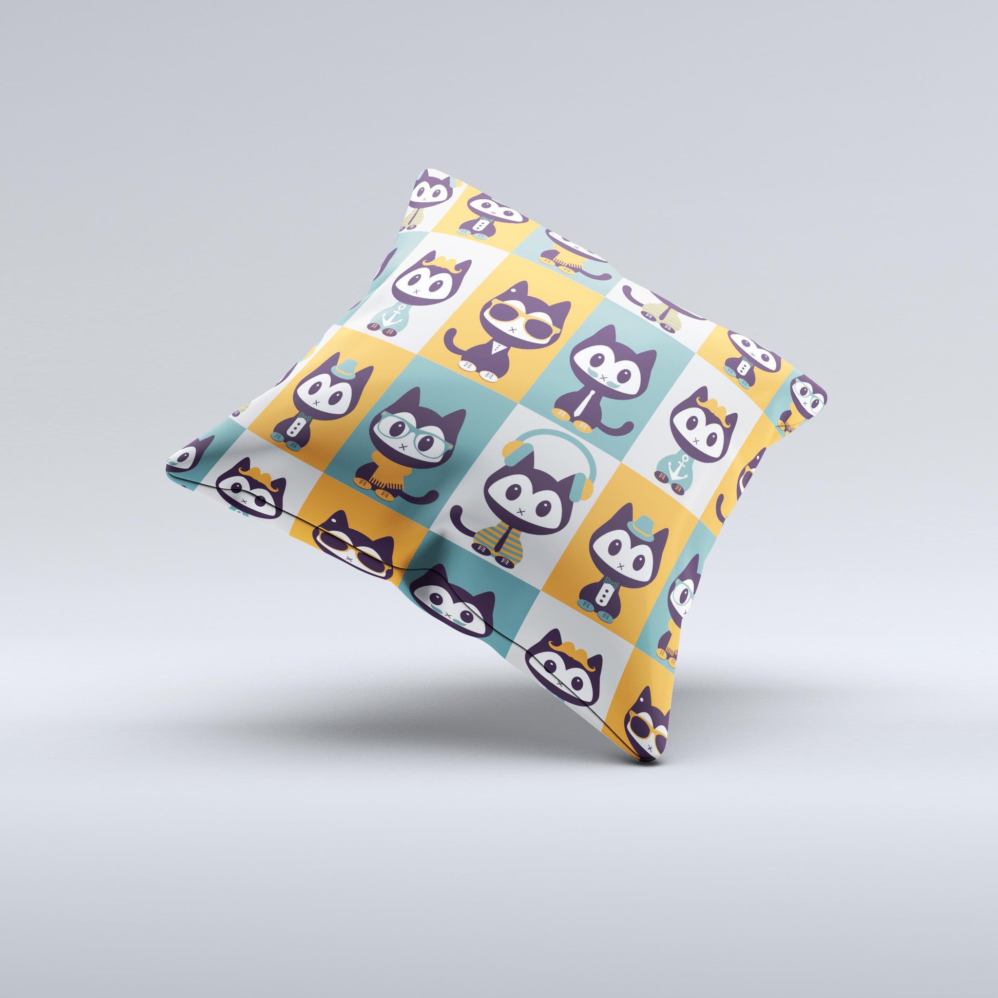 A decorative throw pillow featuring whimsical retro cats with accessories, handcrafted in Virginia with high-quality materials.