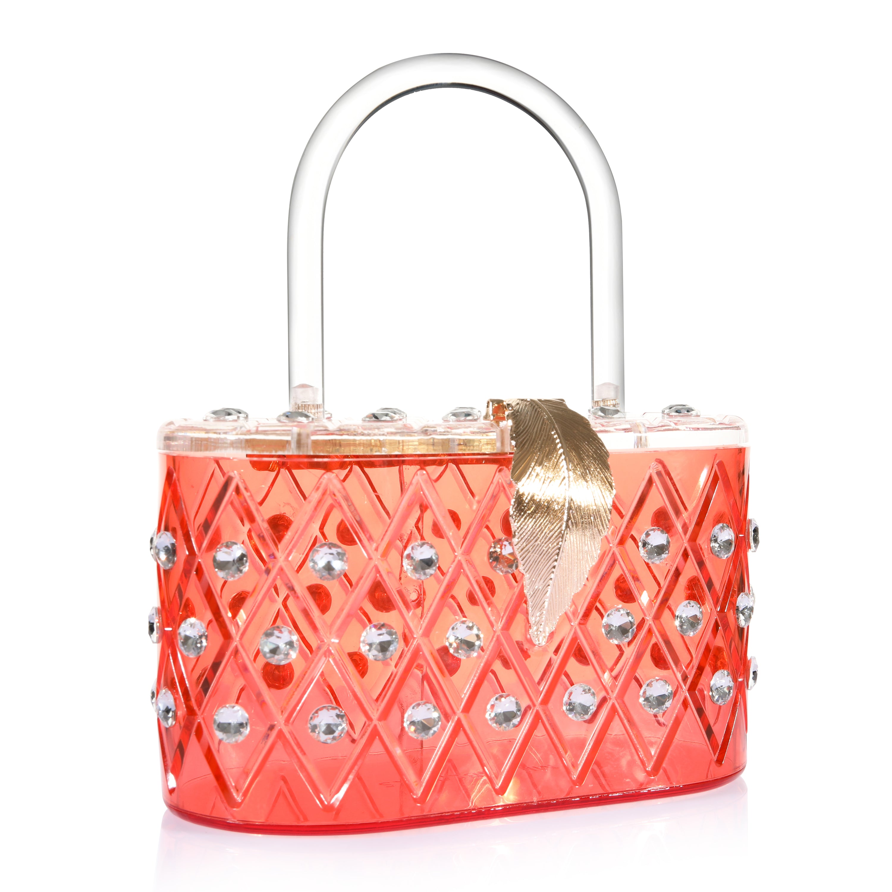 Retro Coral Passion Top Handle Acrylic Bag with engraved pattern and crystal embellishments, showcasing its vibrant coral red color.