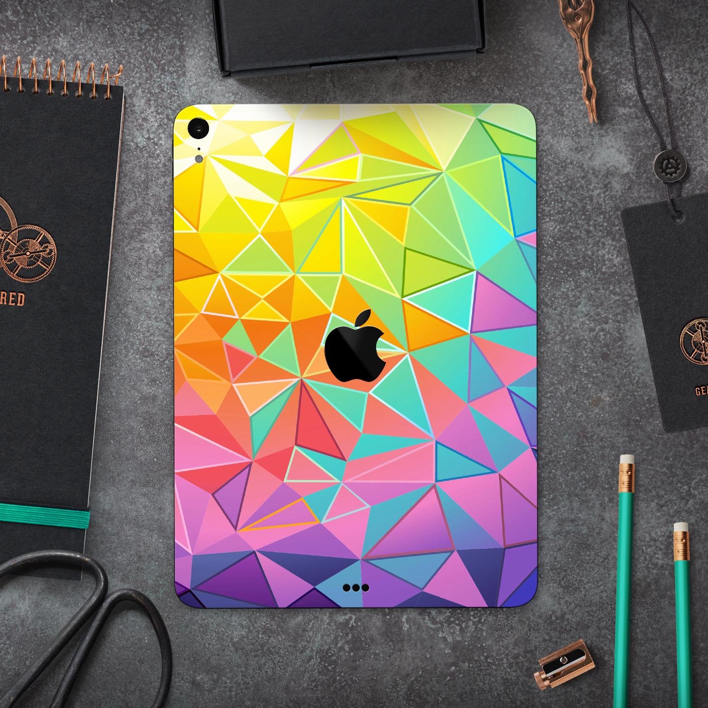 Retro Geometric full body skin decal for Apple iPad Pro 12.9", showcasing vibrant geometric patterns and premium 3M material.