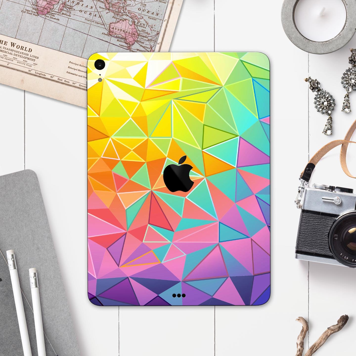 Retro Geometric full body skin decal for Apple iPad Pro 12.9", showcasing vibrant geometric patterns and premium 3M material.