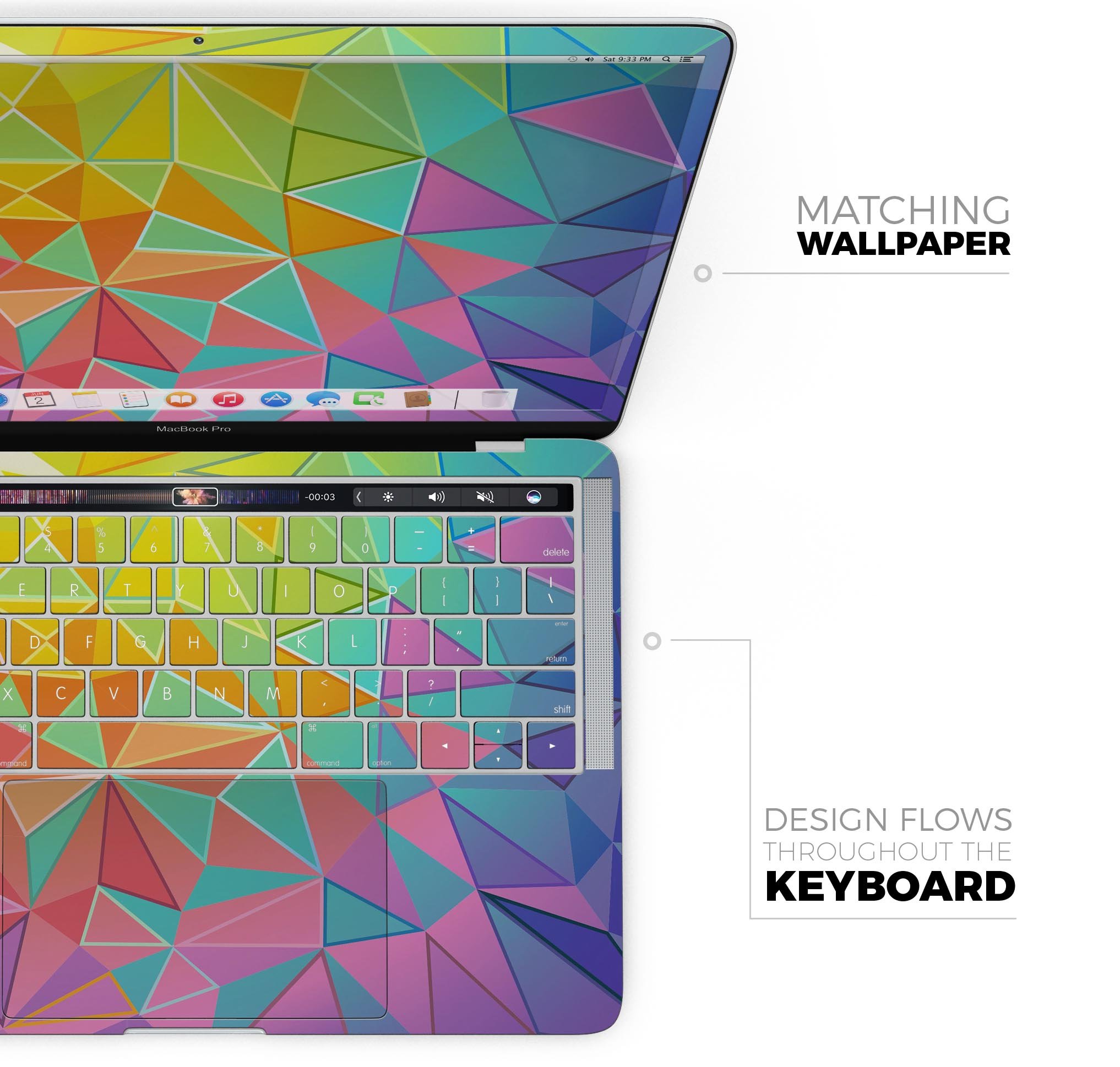 Retro Geometric Skin Decal Wrap Kit for Apple MacBook, showcasing vibrant geometric patterns and a sleek design.