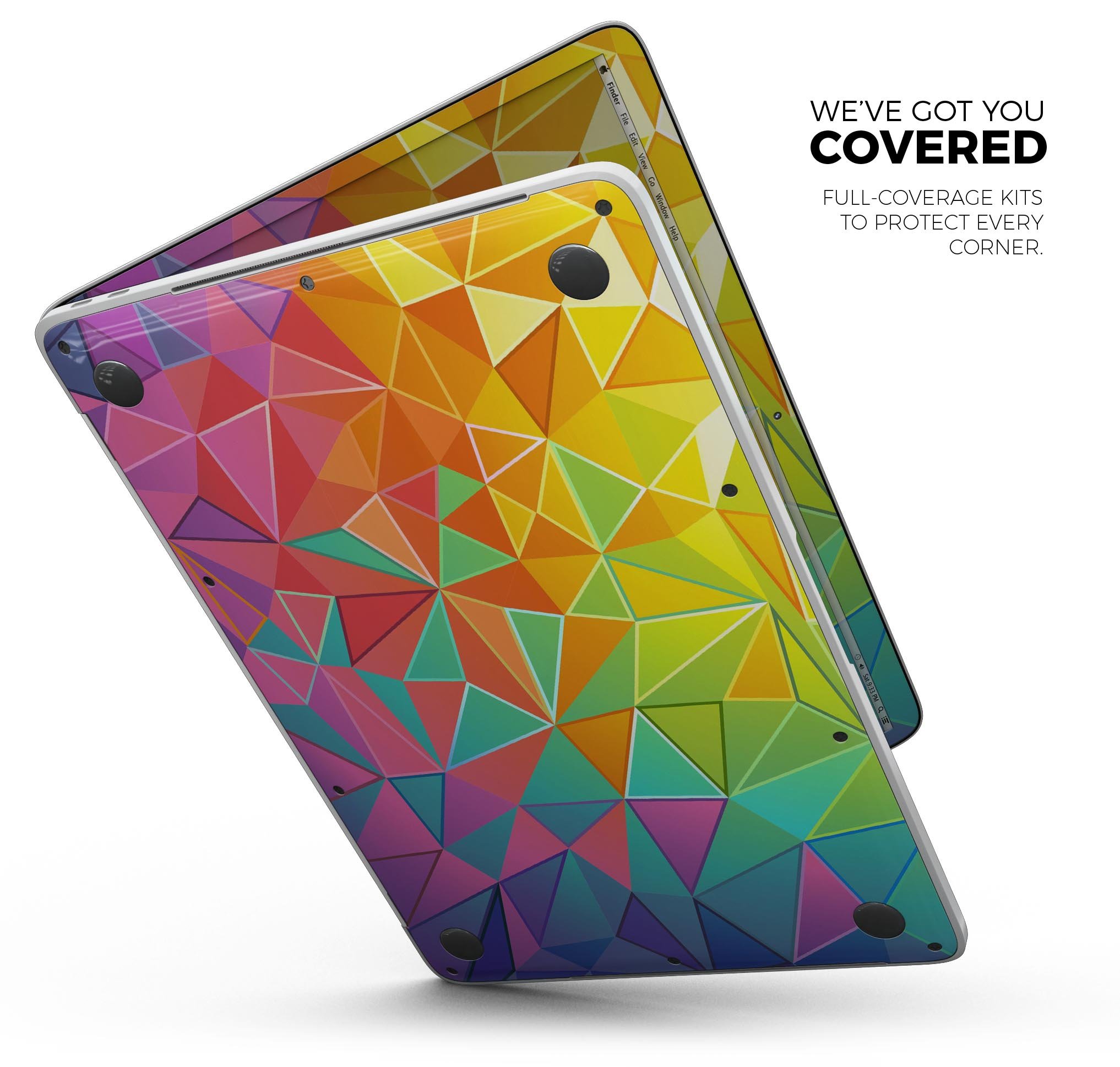 Retro Geometric Skin Decal Wrap Kit for Apple MacBook, showcasing vibrant geometric patterns and a sleek design.