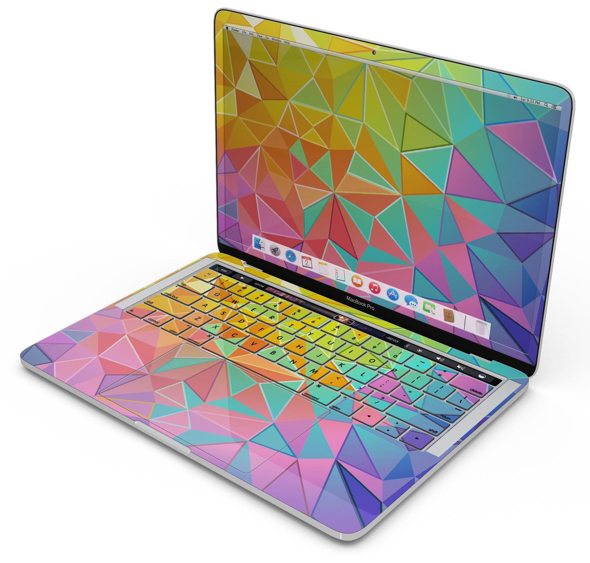 Retro Geometric Skin Decal Wrap Kit for Apple MacBook, showcasing vibrant geometric patterns and a sleek design.