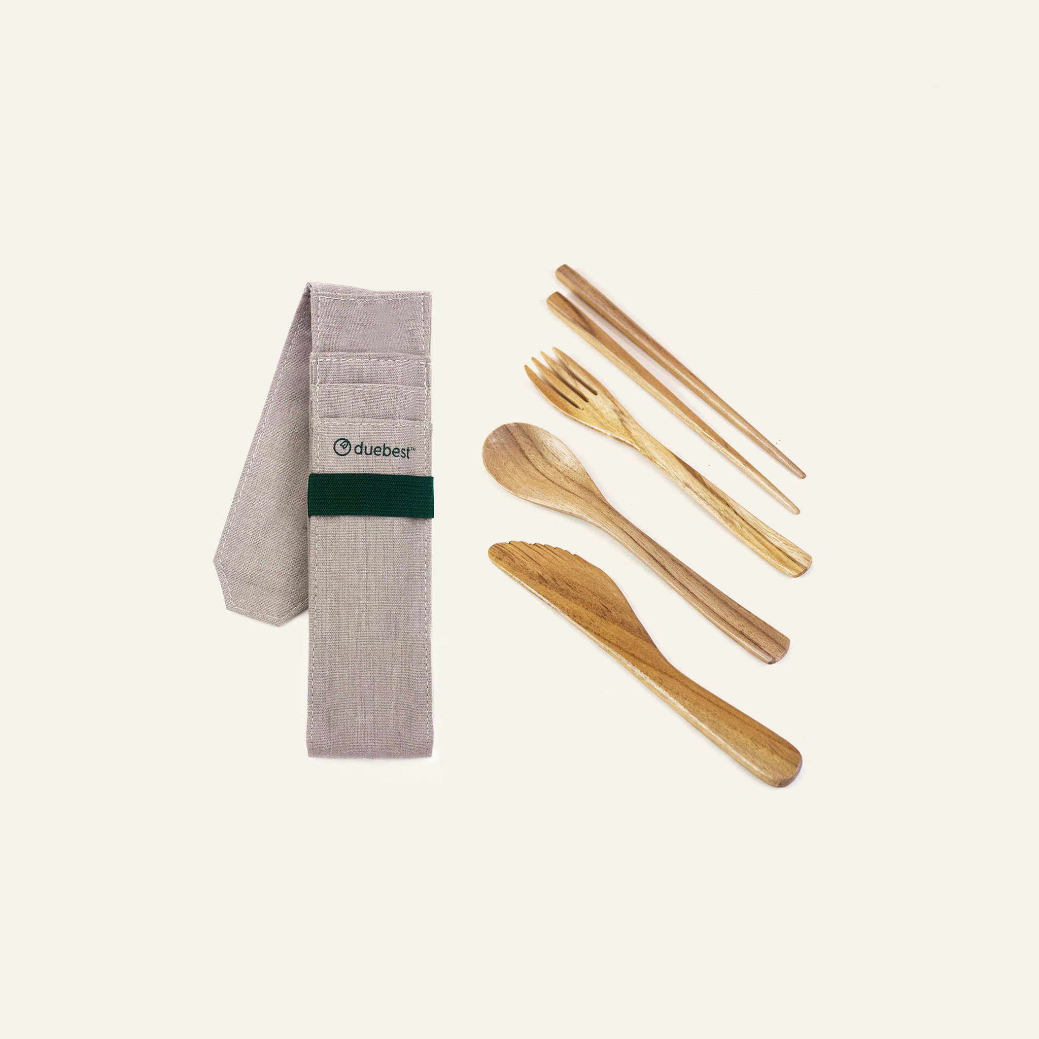 A beautifully crafted Reusable Wooden Cutlery Set made from sustainable teak wood, including a spoon, fork, knife, chopsticks, and a fabric carrying case.