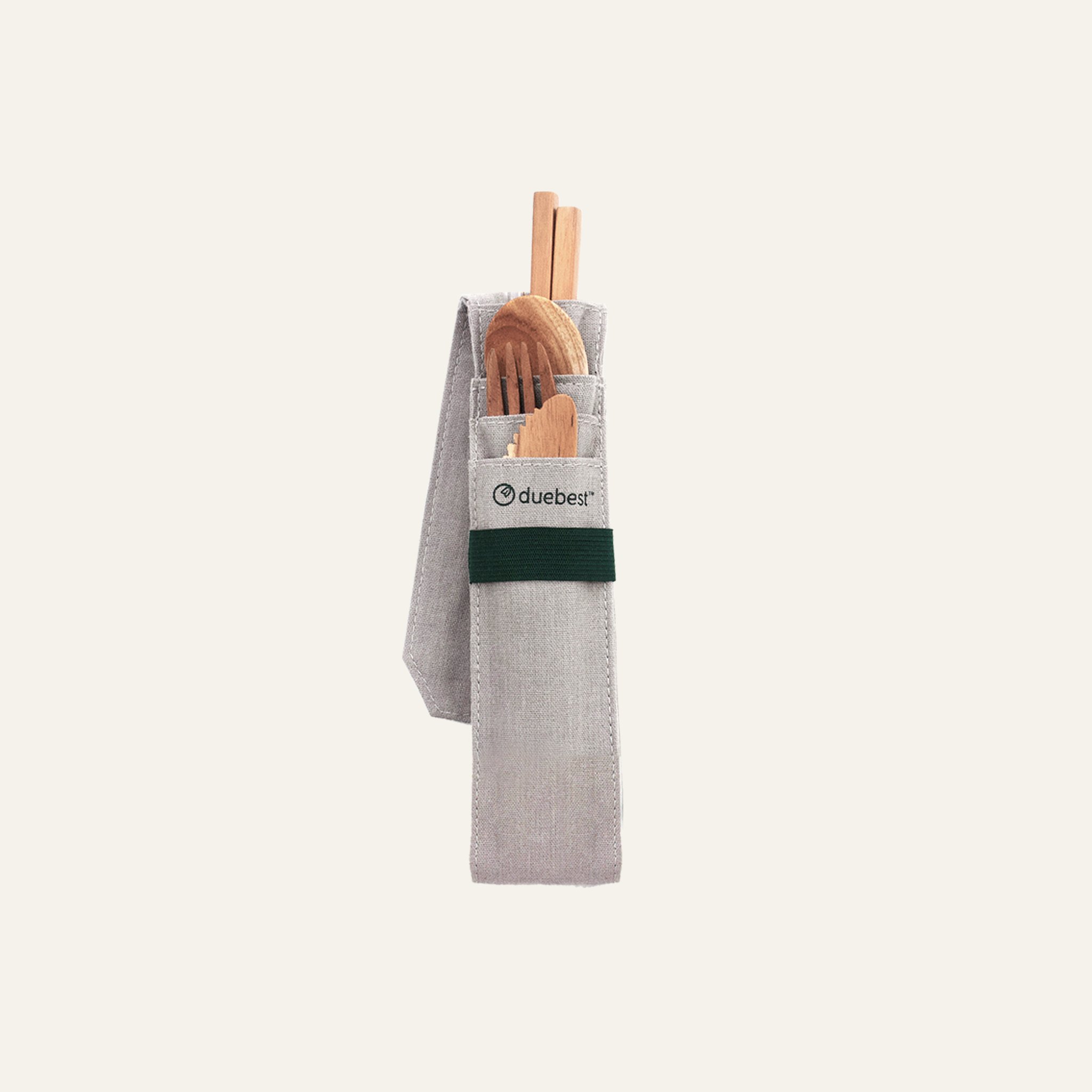 A beautifully crafted Reusable Wooden Cutlery Set made from sustainable teak wood, including a spoon, fork, knife, chopsticks, and a fabric carrying case.