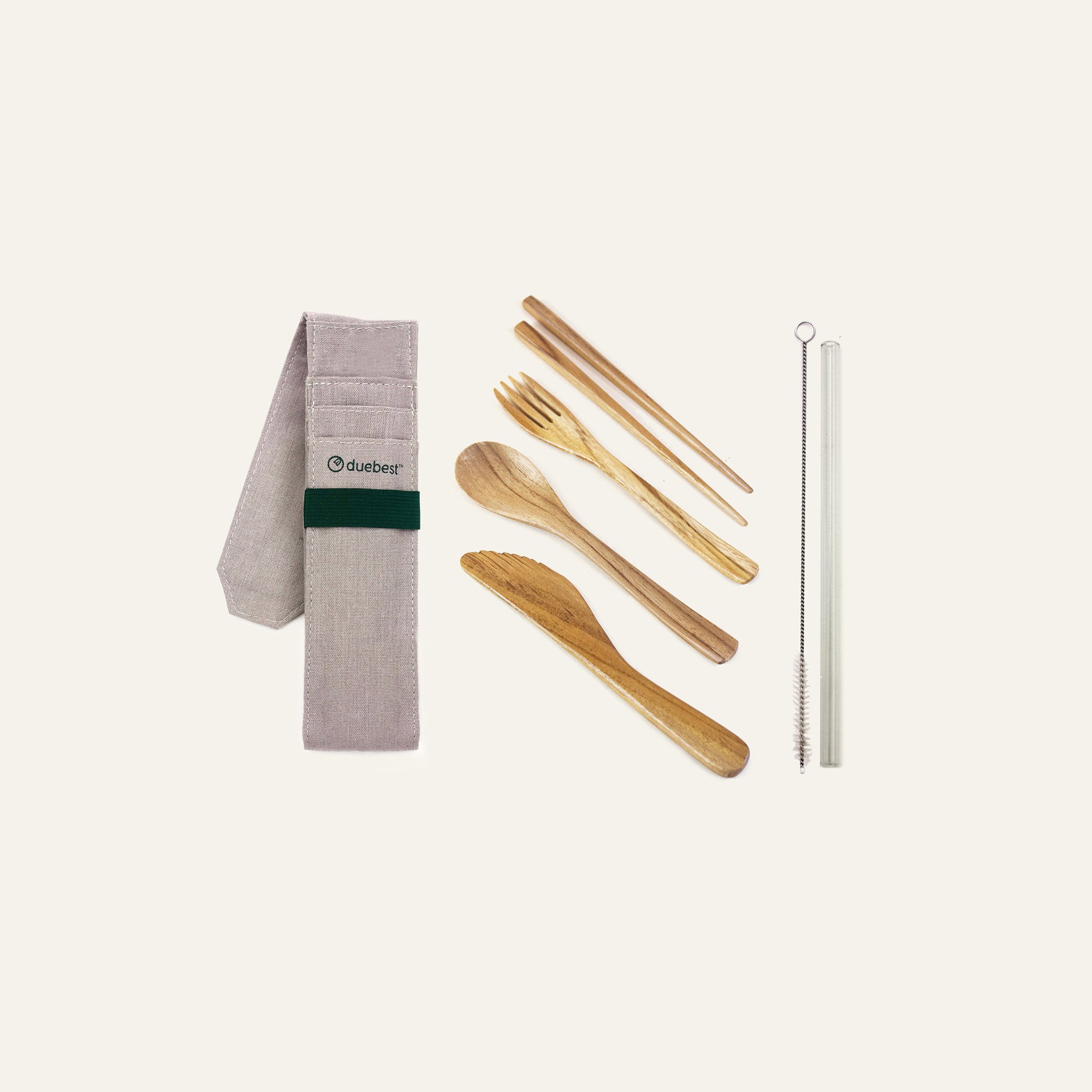 A beautifully crafted Reusable Wooden Cutlery Set including a spoon, fork, knife, chopsticks, and a glass straw, all in a stylish fabric case.