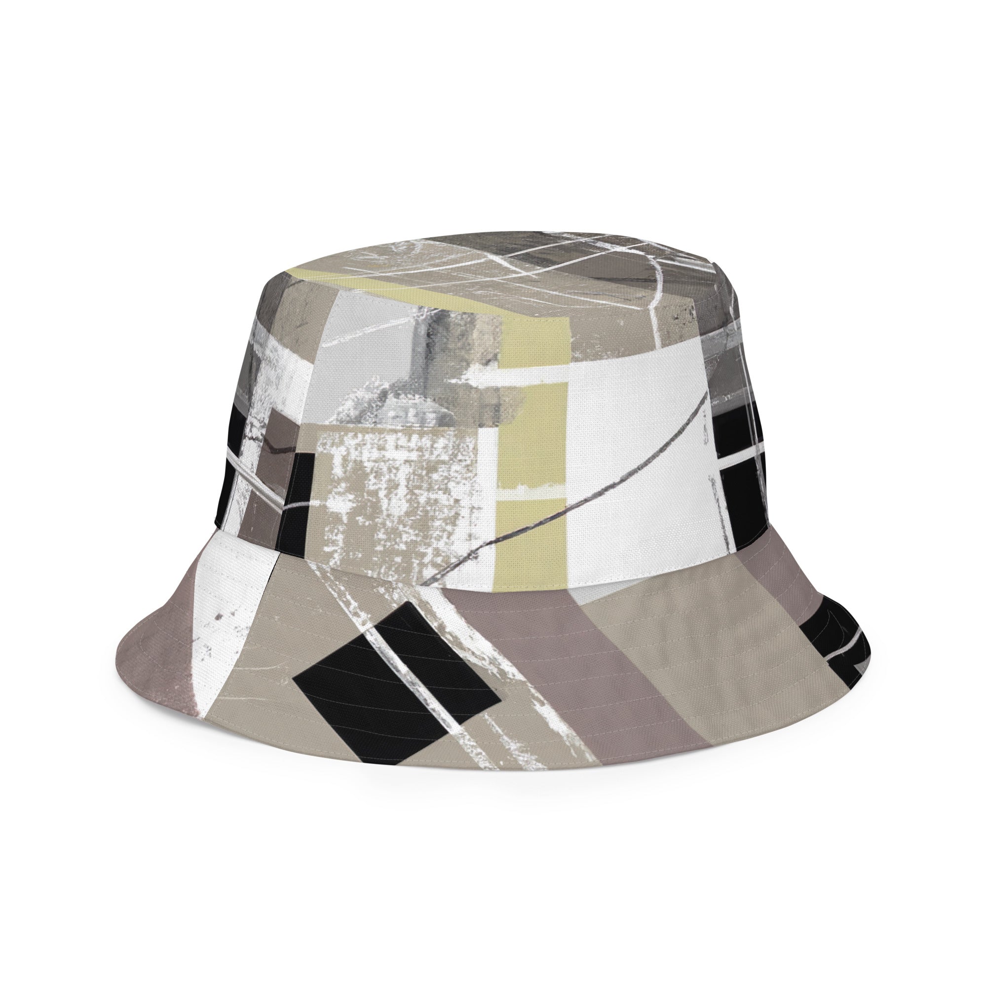 Reversible bucket hat with abstract brown geometric shapes, showcasing contemporary art design and breathable fabric.