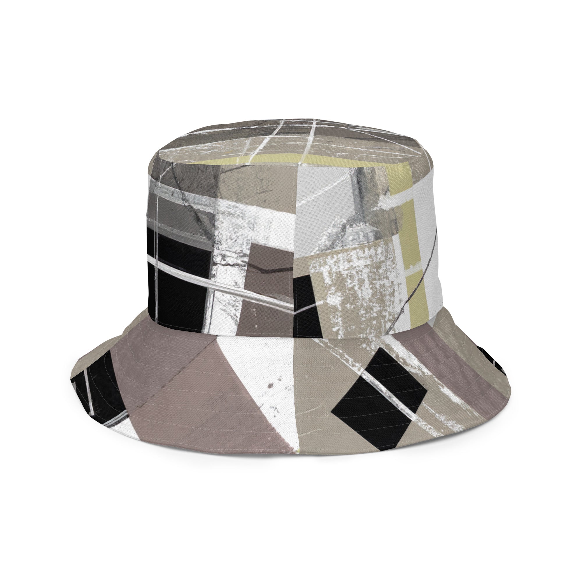 Reversible bucket hat with abstract brown geometric shapes, showcasing contemporary art design and breathable fabric.