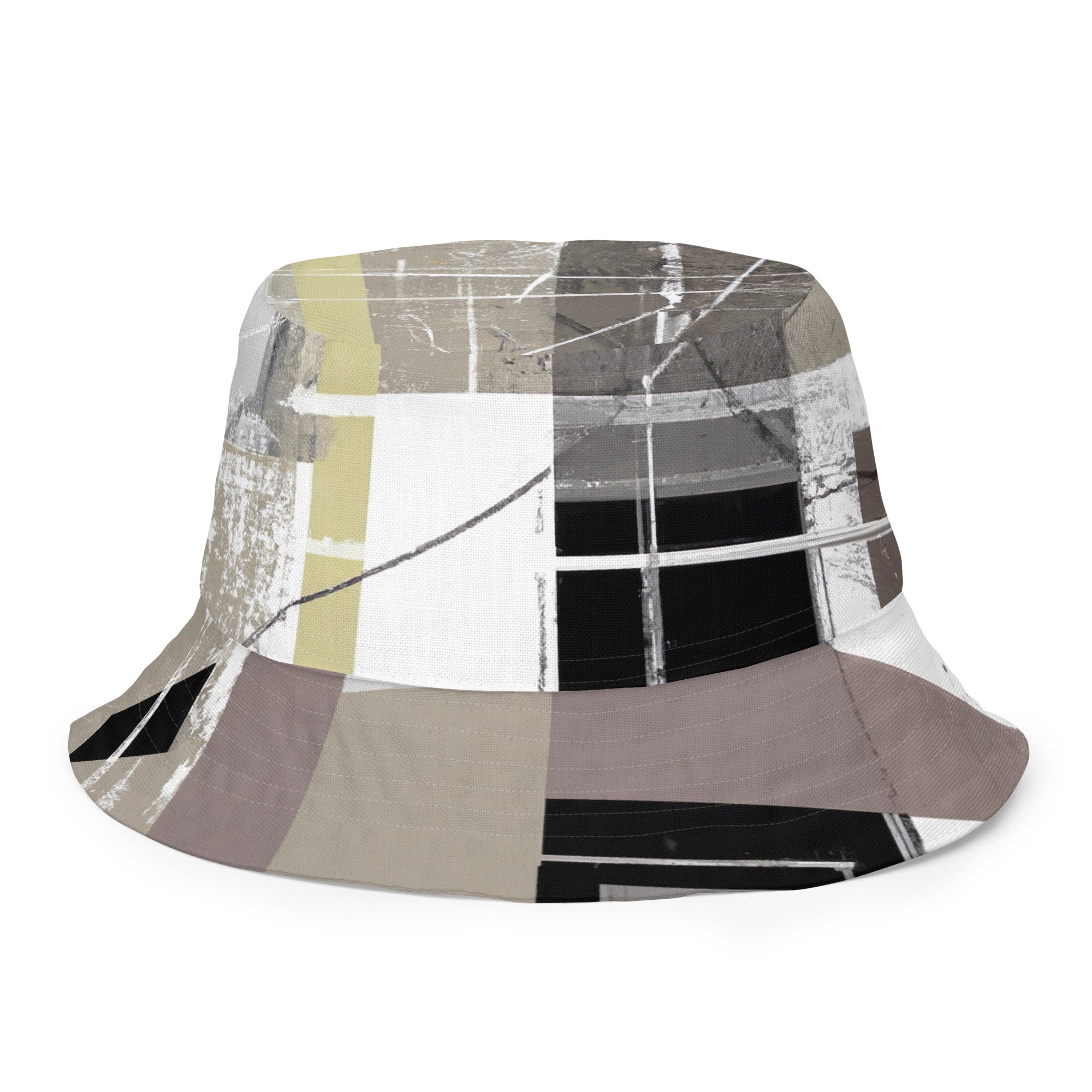 Reversible bucket hat with abstract brown geometric shapes, showcasing contemporary art design and breathable fabric.