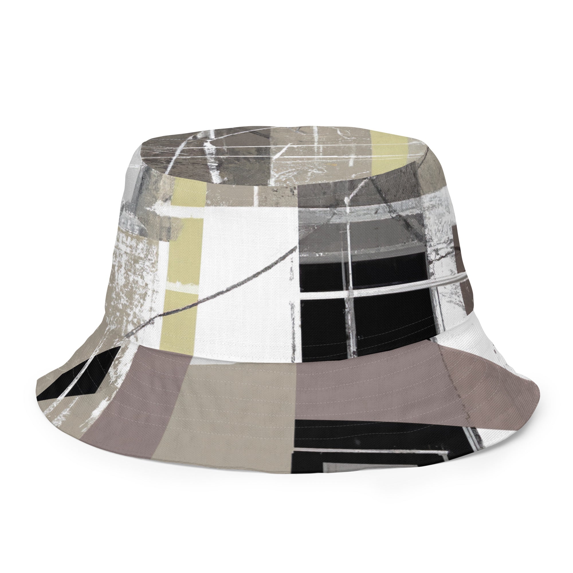 Reversible bucket hat with abstract brown geometric shapes, showcasing contemporary art design and breathable fabric.