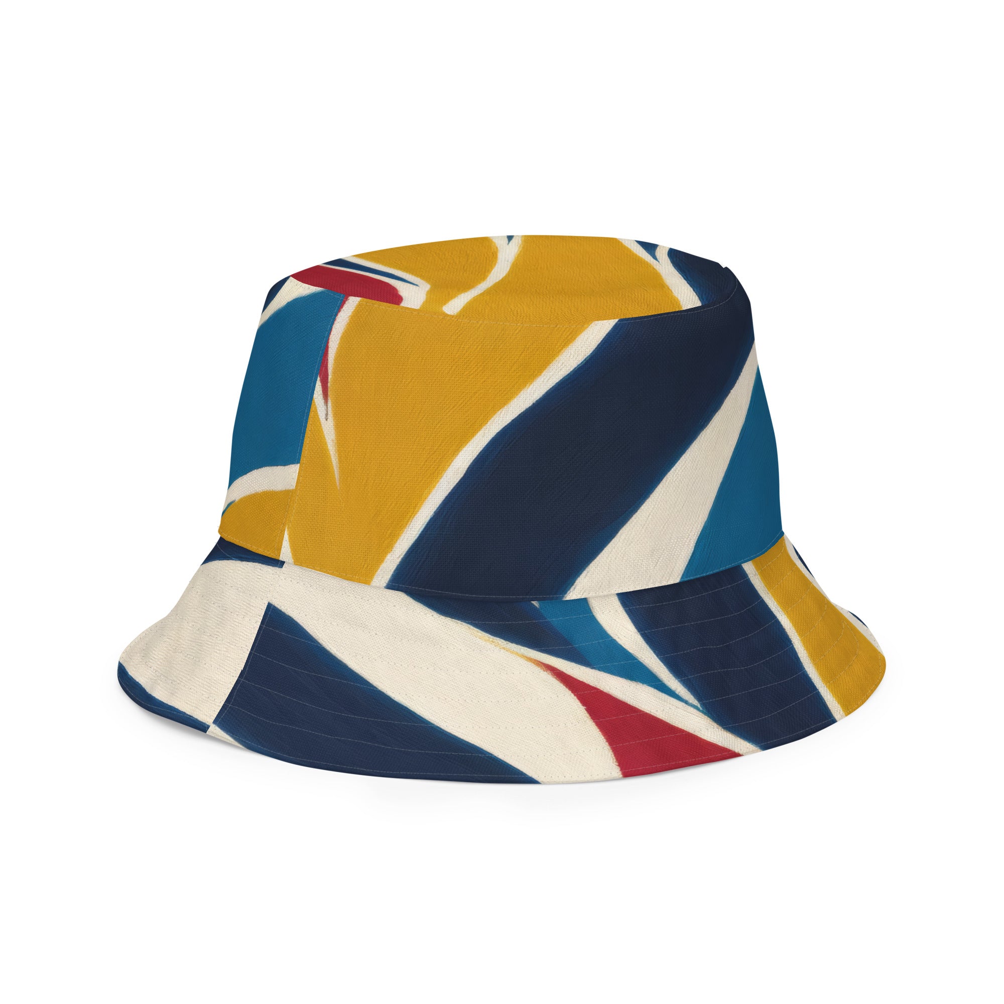 Reversible bucket hat featuring an abstract multicolor swirl line pattern, showcasing its stylish design and wide brim for sun protection.