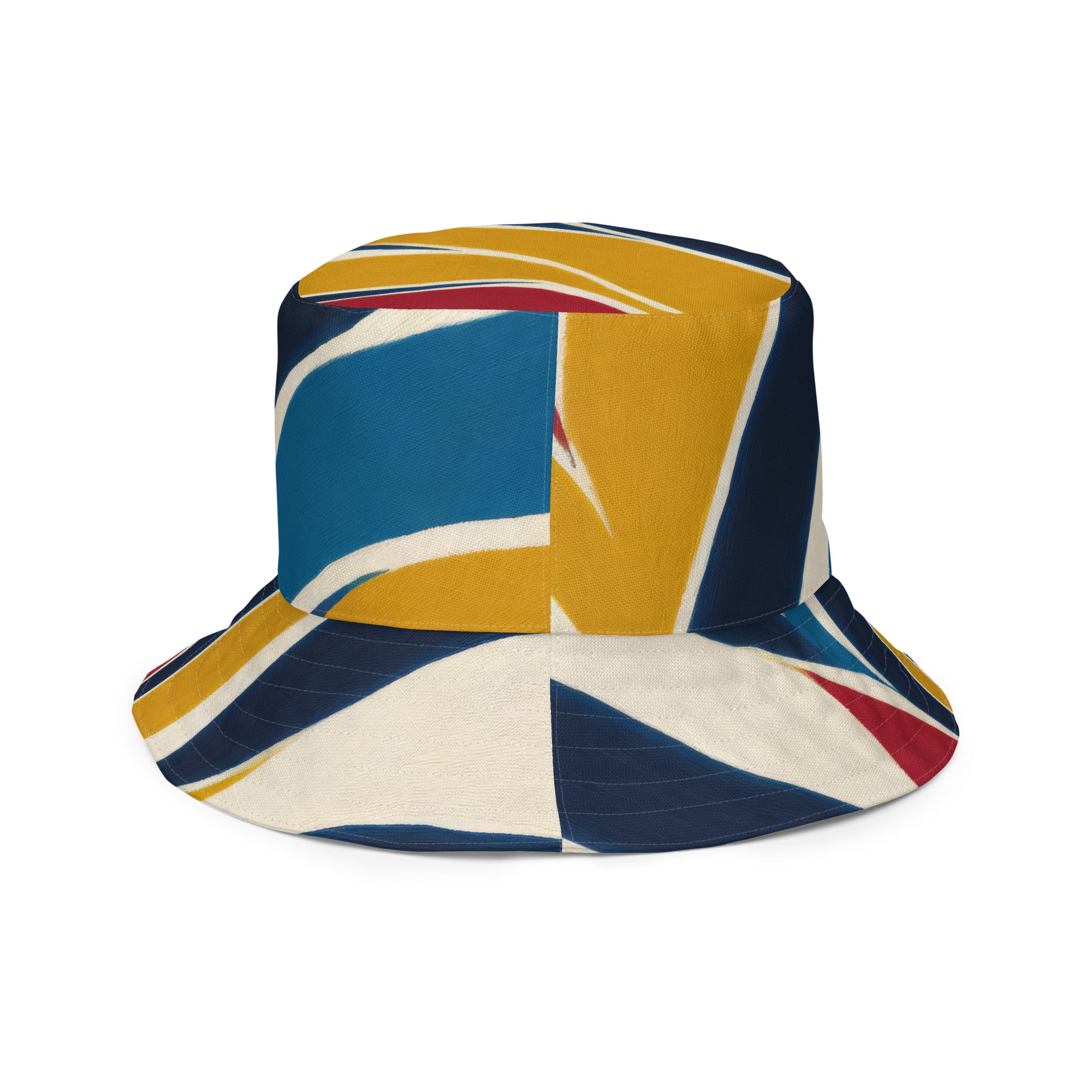 Reversible bucket hat featuring an abstract multicolor swirl line pattern, showcasing its stylish design and wide brim for sun protection.