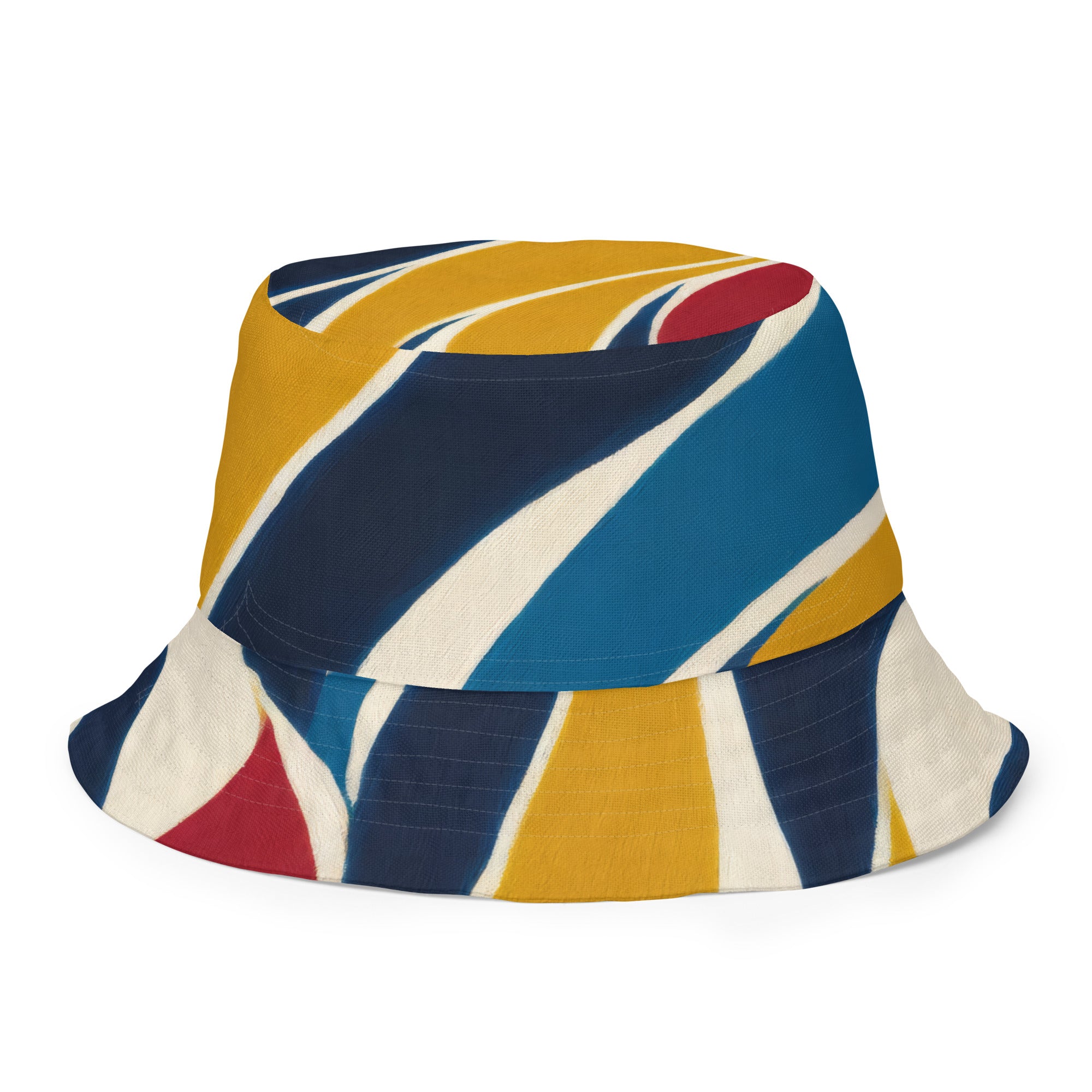 Reversible bucket hat featuring an abstract multicolor swirl line pattern, showcasing its stylish design and wide brim for sun protection.