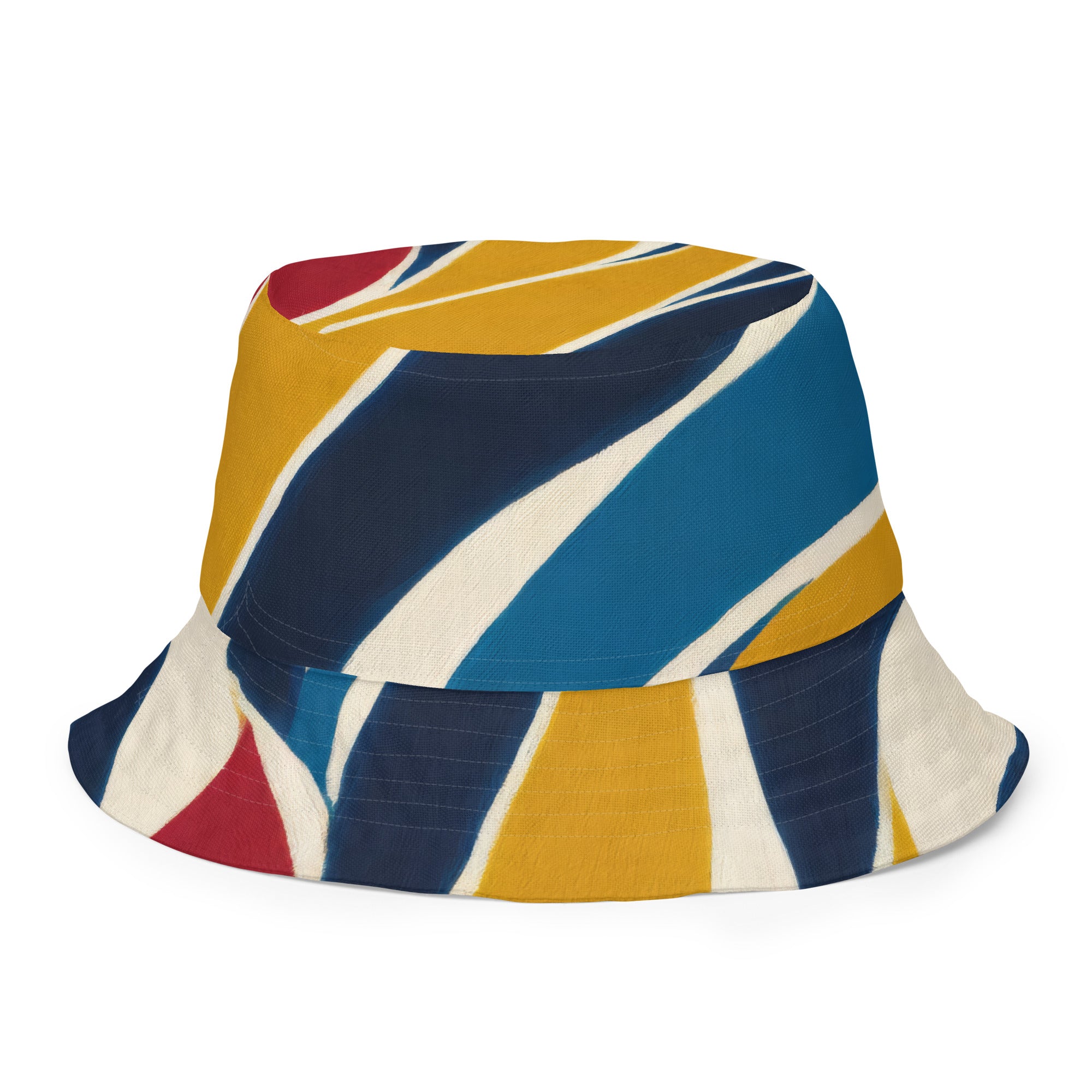 Reversible bucket hat featuring an abstract multicolor swirl line pattern, showcasing its stylish design and wide brim for sun protection.