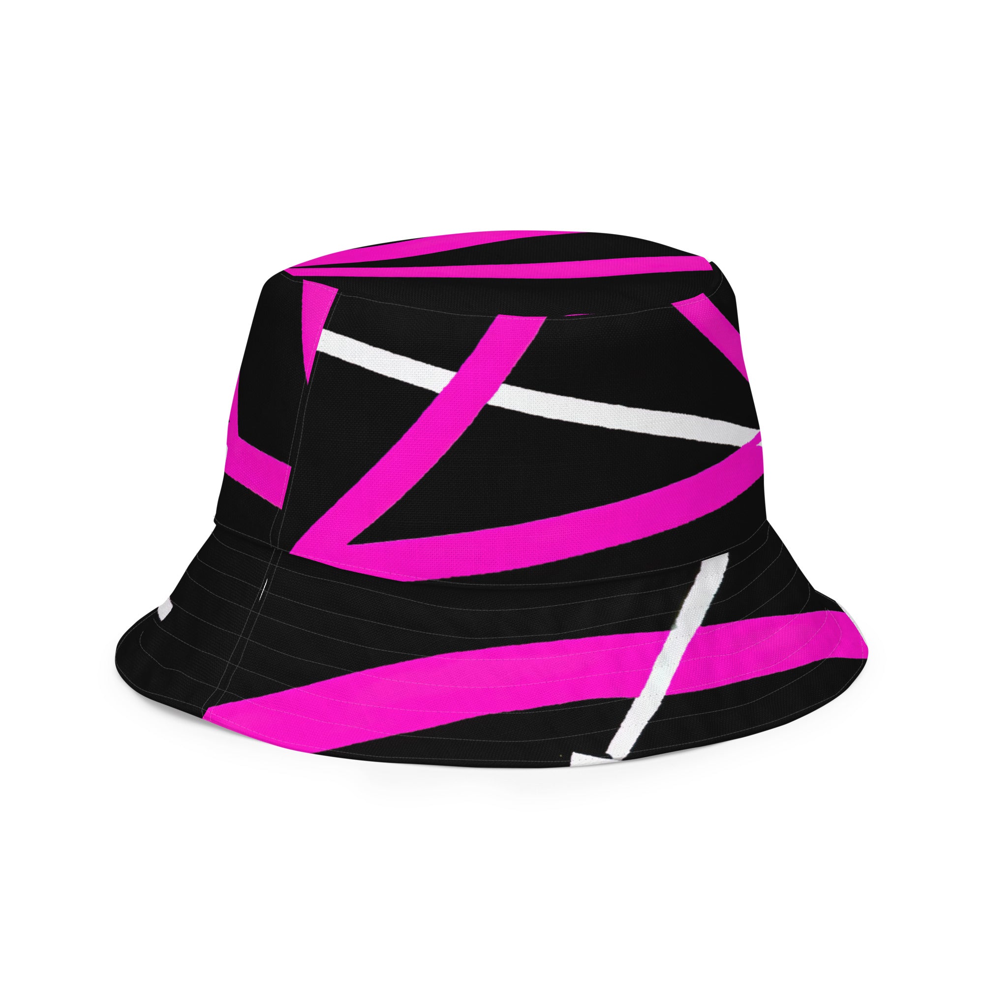 Reversible bucket hat featuring a black and pink geometric pattern, showcasing its stylish design and breathable fabric.