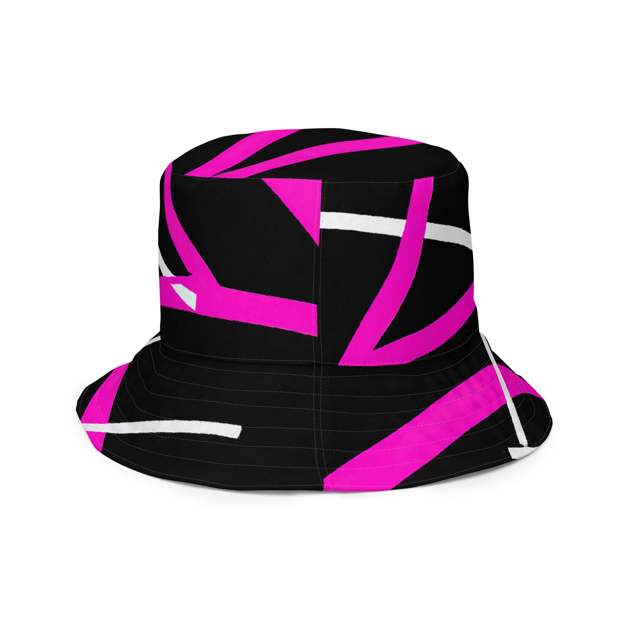 Reversible bucket hat featuring a black and pink geometric pattern, showcasing its stylish design and breathable fabric.