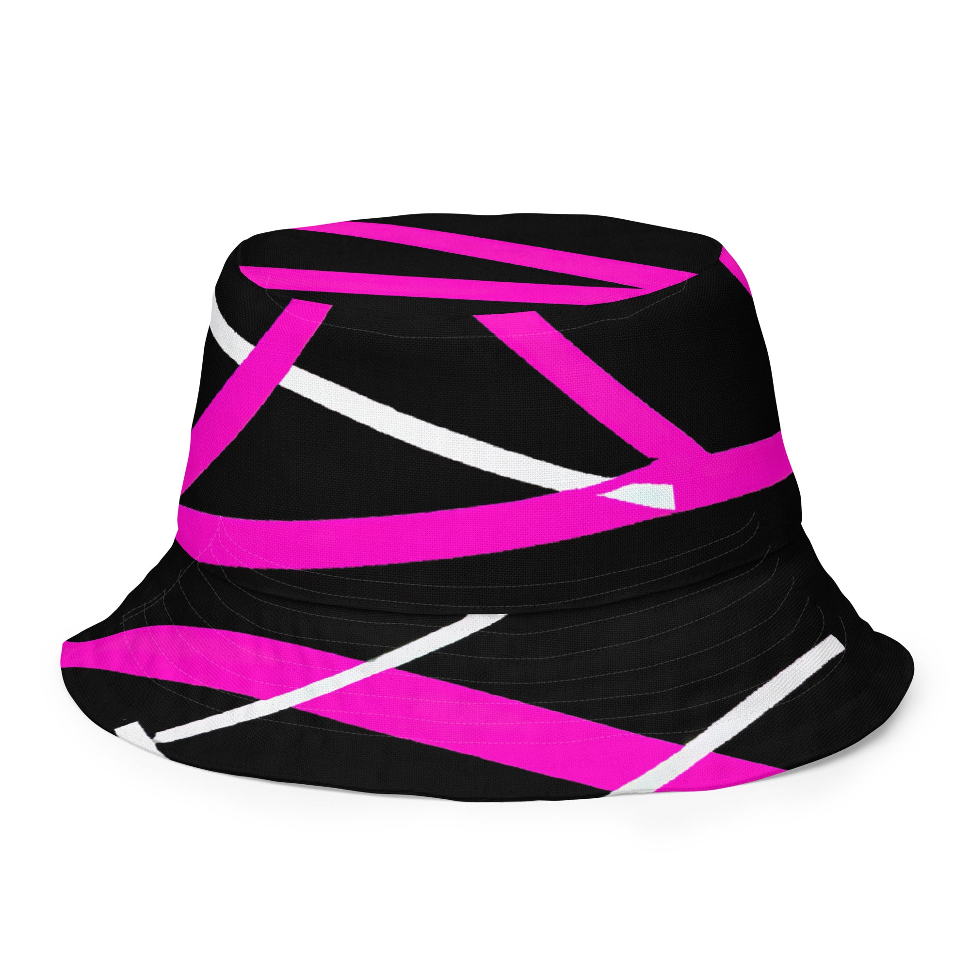 Reversible bucket hat featuring a black and pink geometric pattern, showcasing its stylish design and breathable fabric.