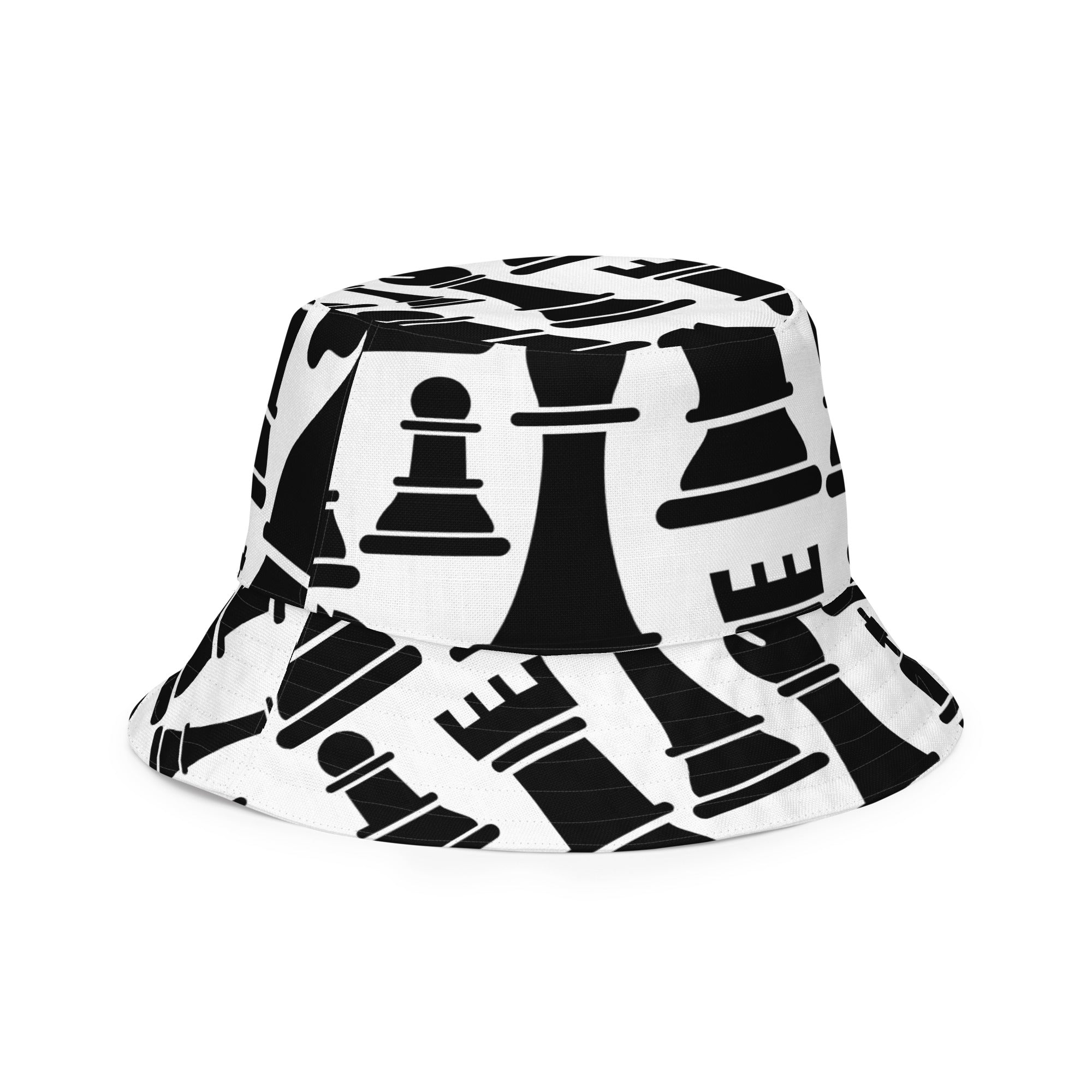 Reversible bucket hat featuring a black and white chess print, showcasing its stylish design and breathable fabric.