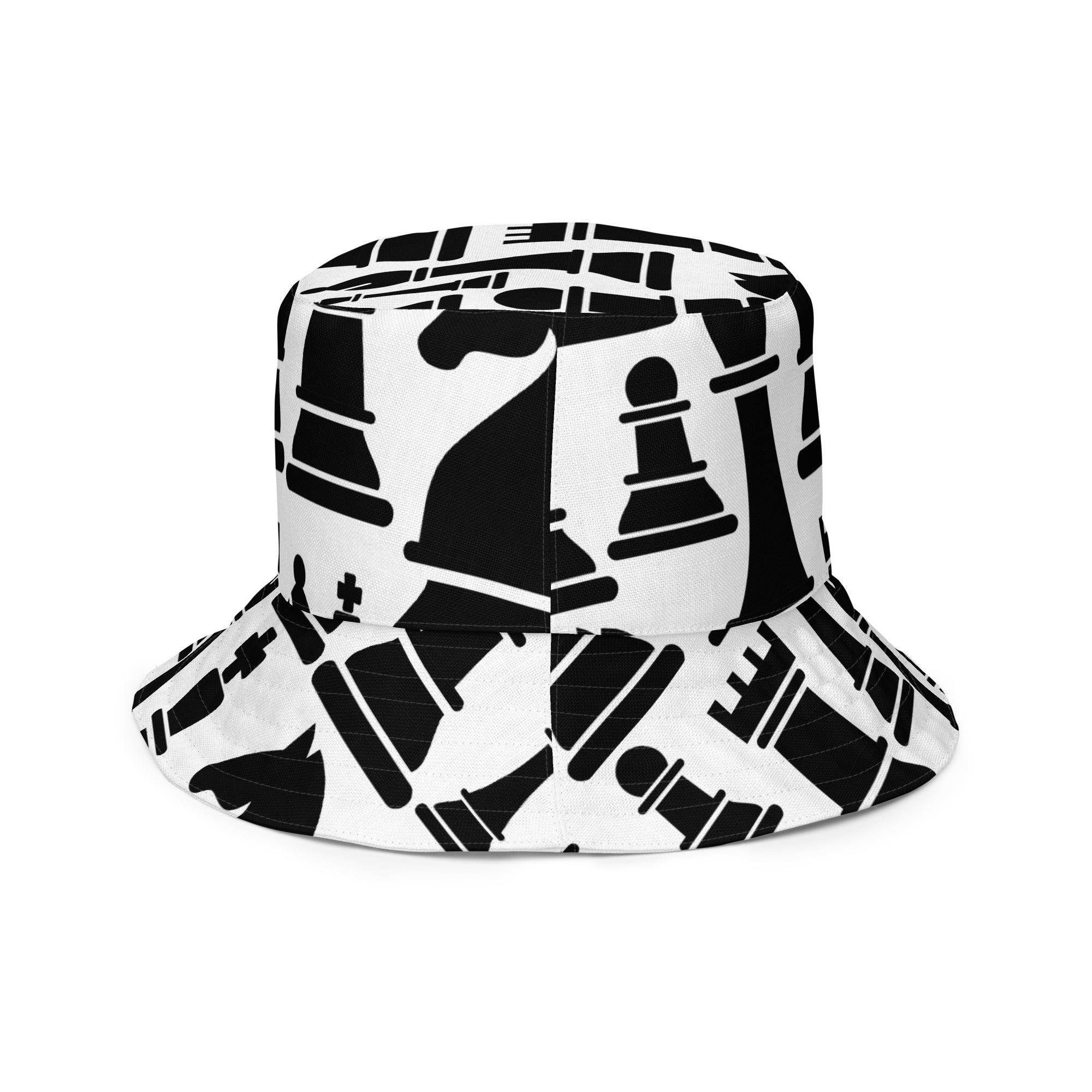 Reversible bucket hat featuring a black and white chess print, showcasing its stylish design and breathable fabric.