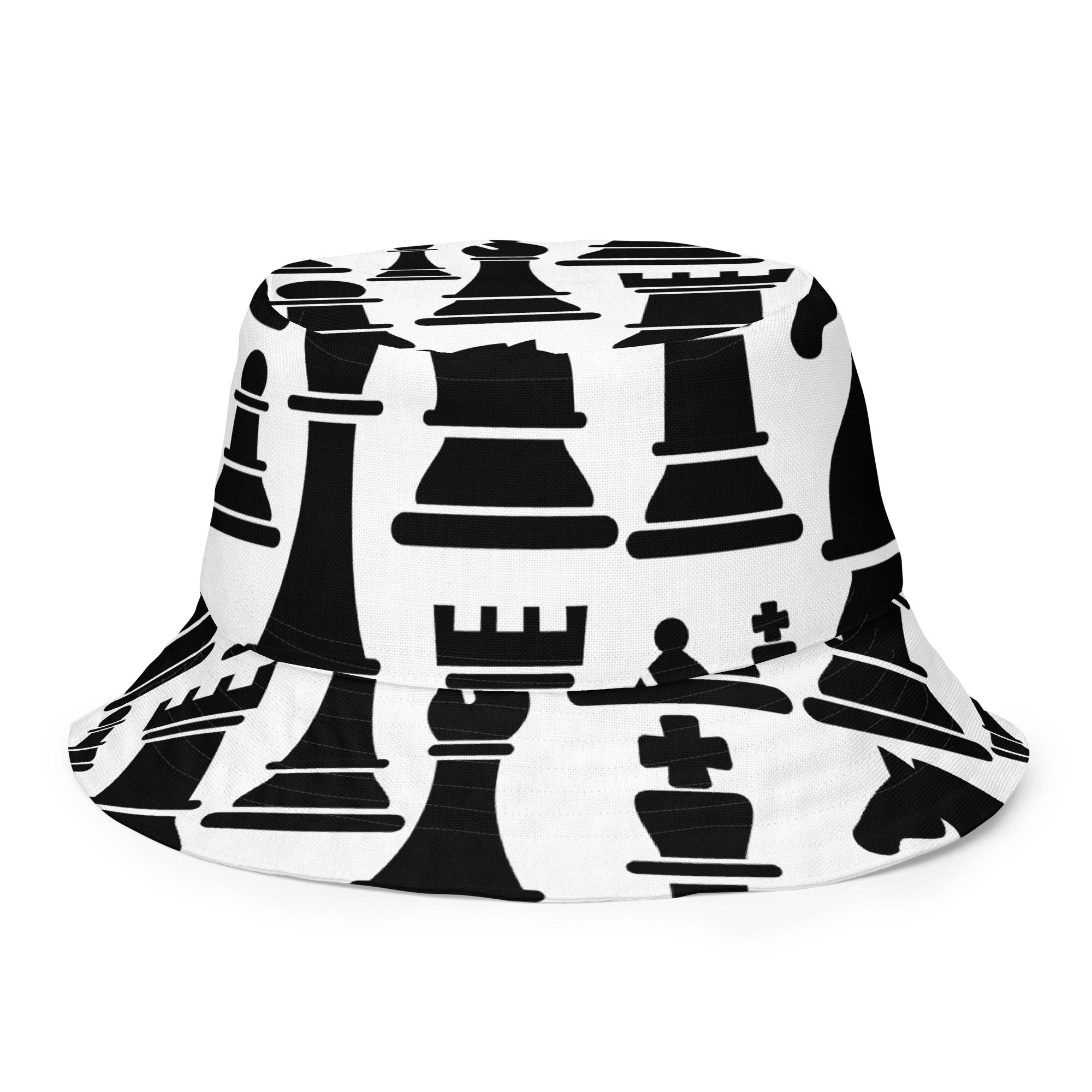 Reversible bucket hat featuring a black and white chess print, showcasing its stylish design and breathable fabric.