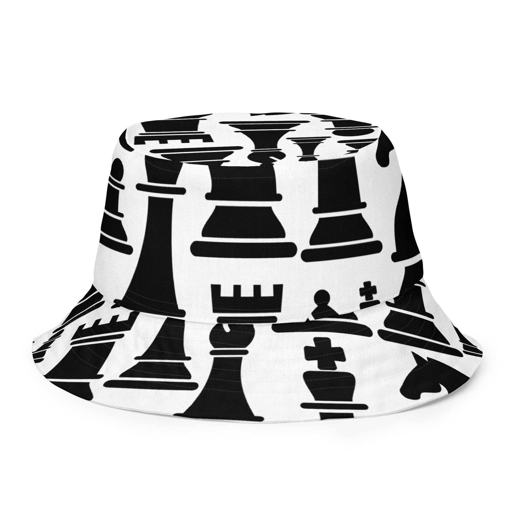 Reversible bucket hat featuring a black and white chess print, showcasing its stylish design and breathable fabric.