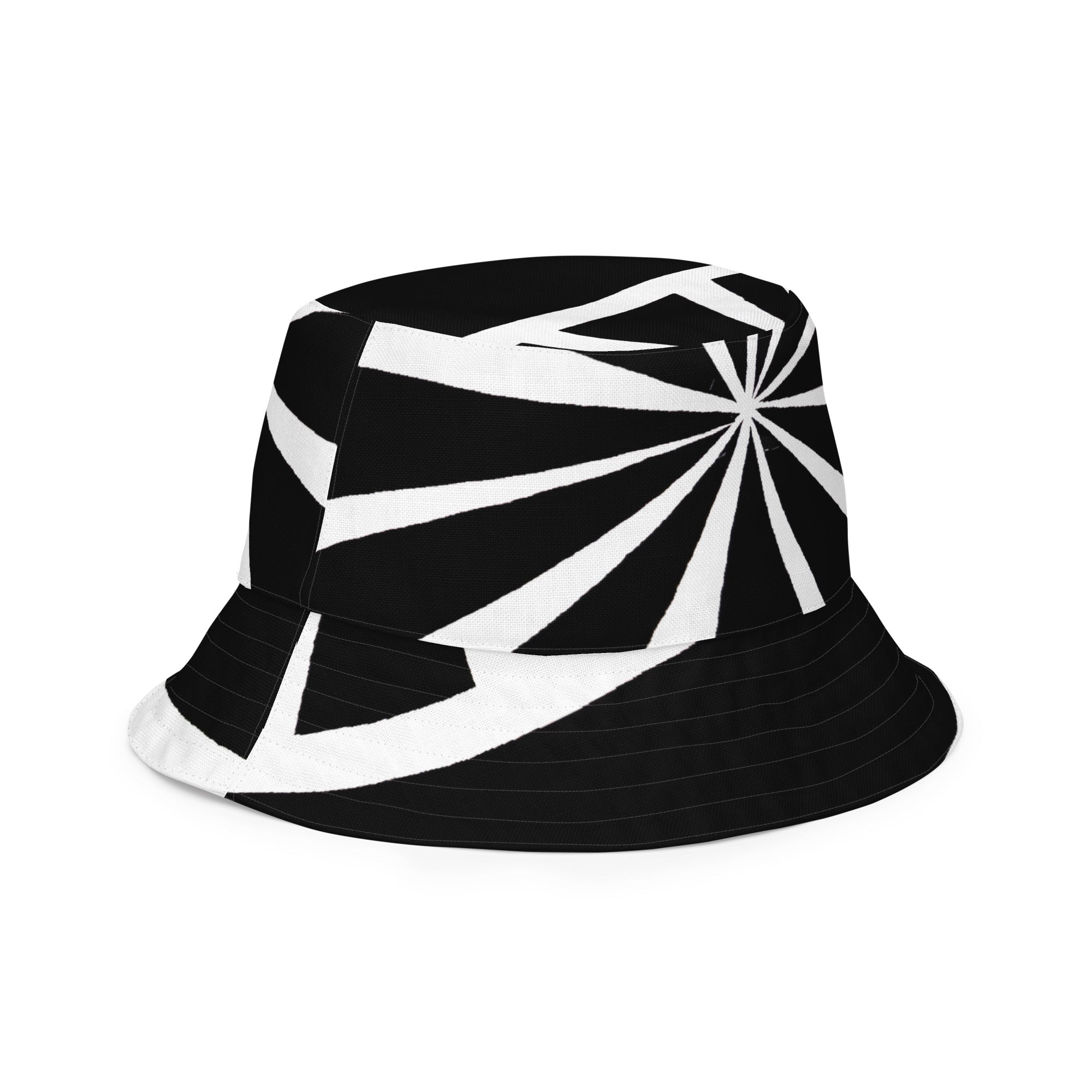 Reversible bucket hat featuring a black and white geometric pattern, showcasing its stylish design and premium fabric.