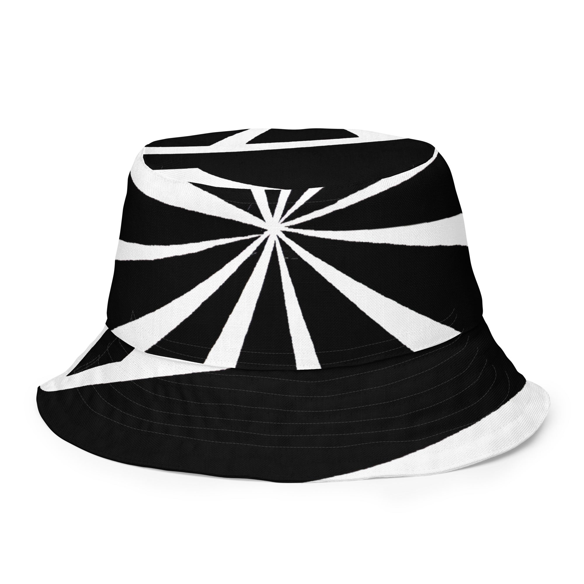 Reversible bucket hat featuring a black and white geometric pattern, showcasing its stylish design and premium fabric.