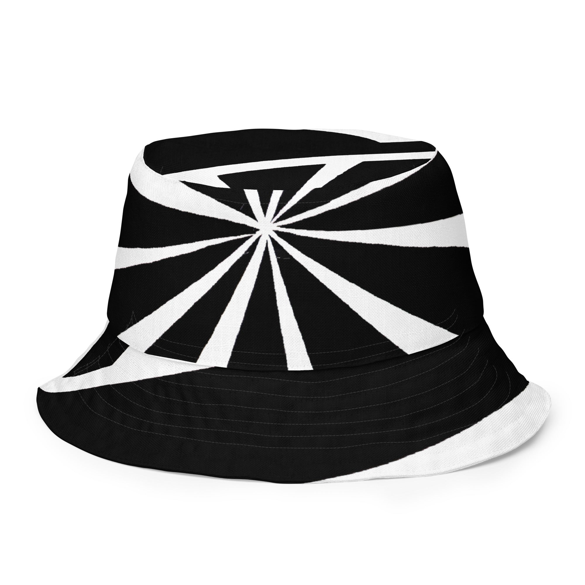 Reversible bucket hat featuring a black and white geometric pattern, showcasing its stylish design and premium fabric.