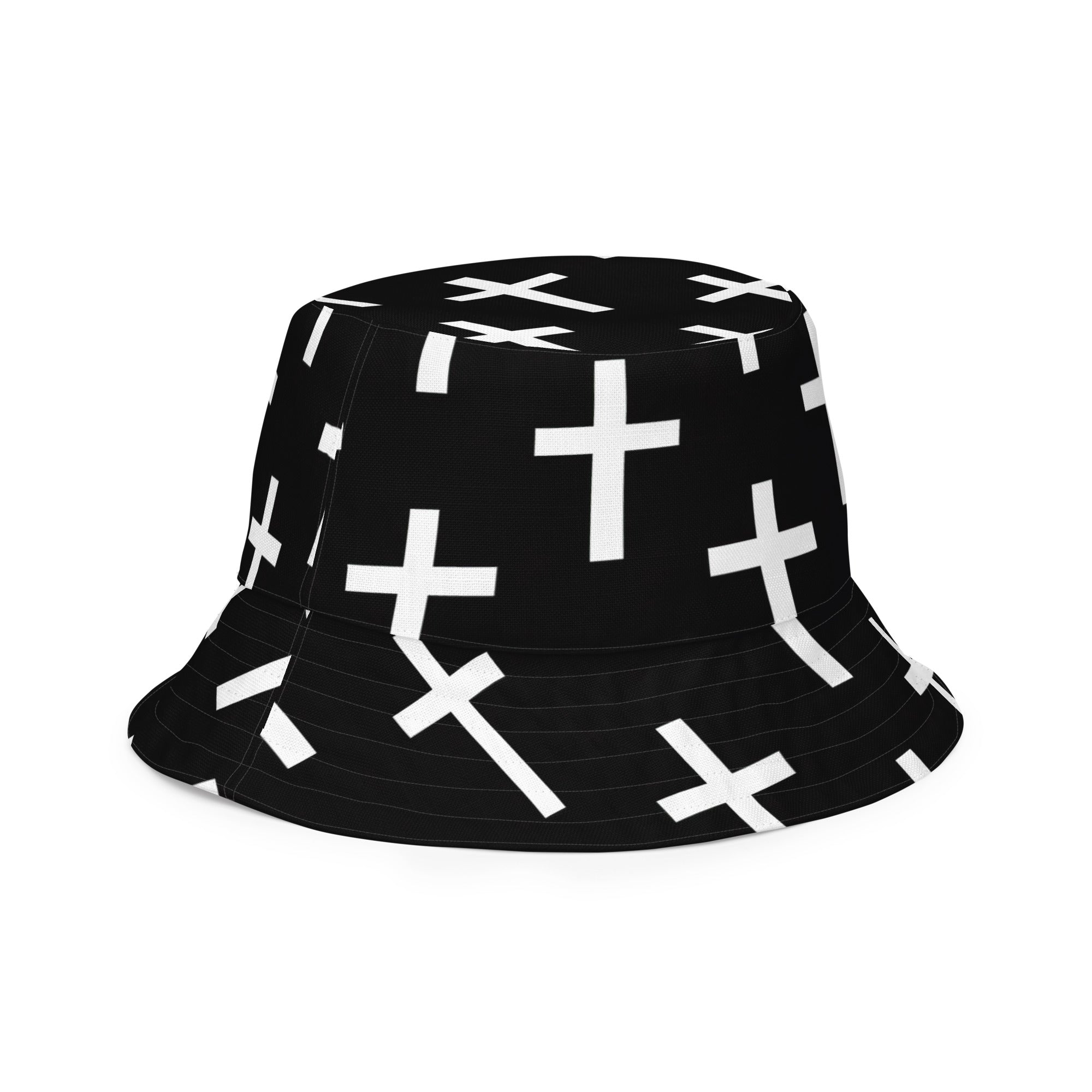 Reversible bucket hat featuring a black and white seamless cross print, showcasing its stylish design and premium fabric.